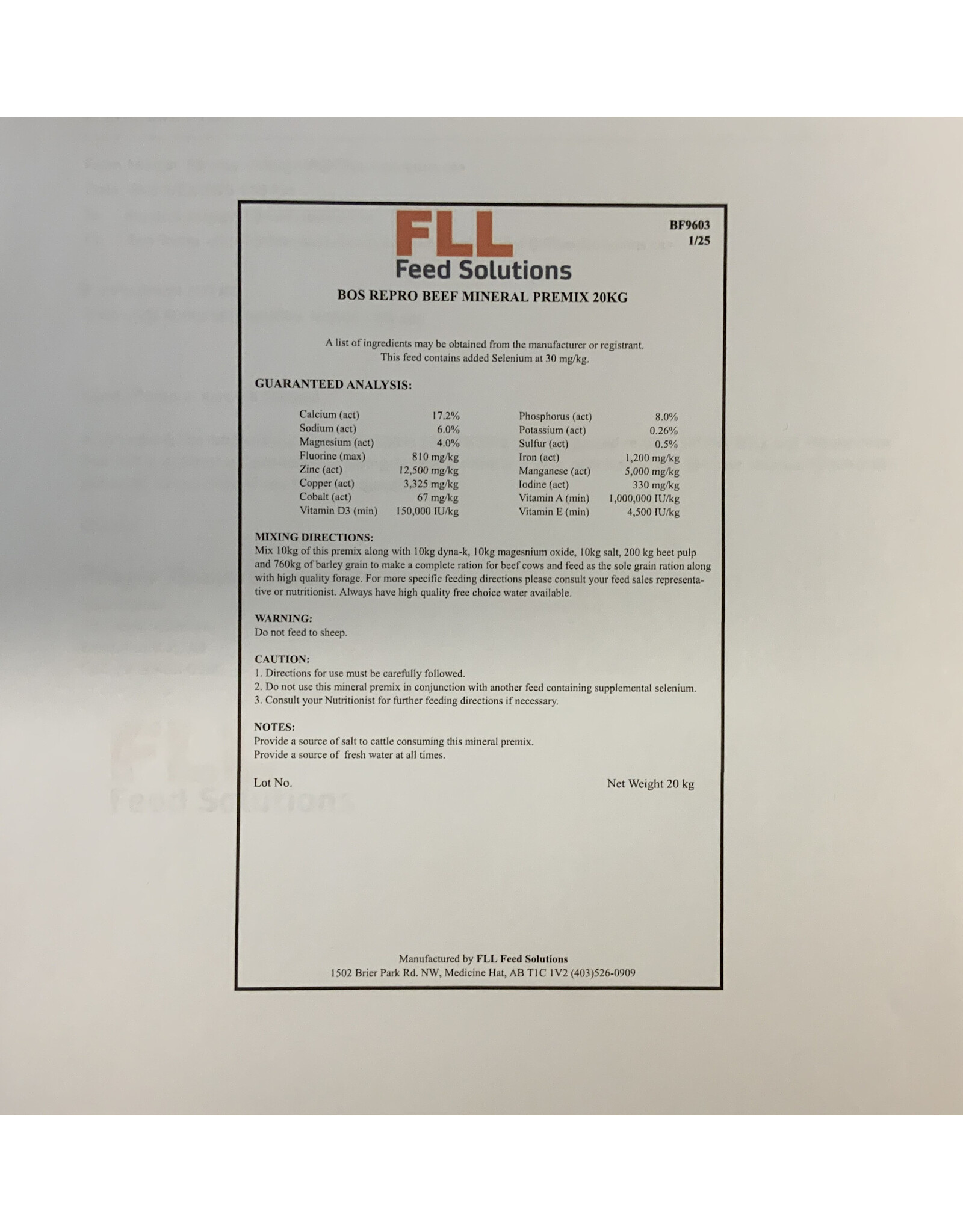 FLL Bos Repro Beef Mineral Premix 20kg -  BF9603