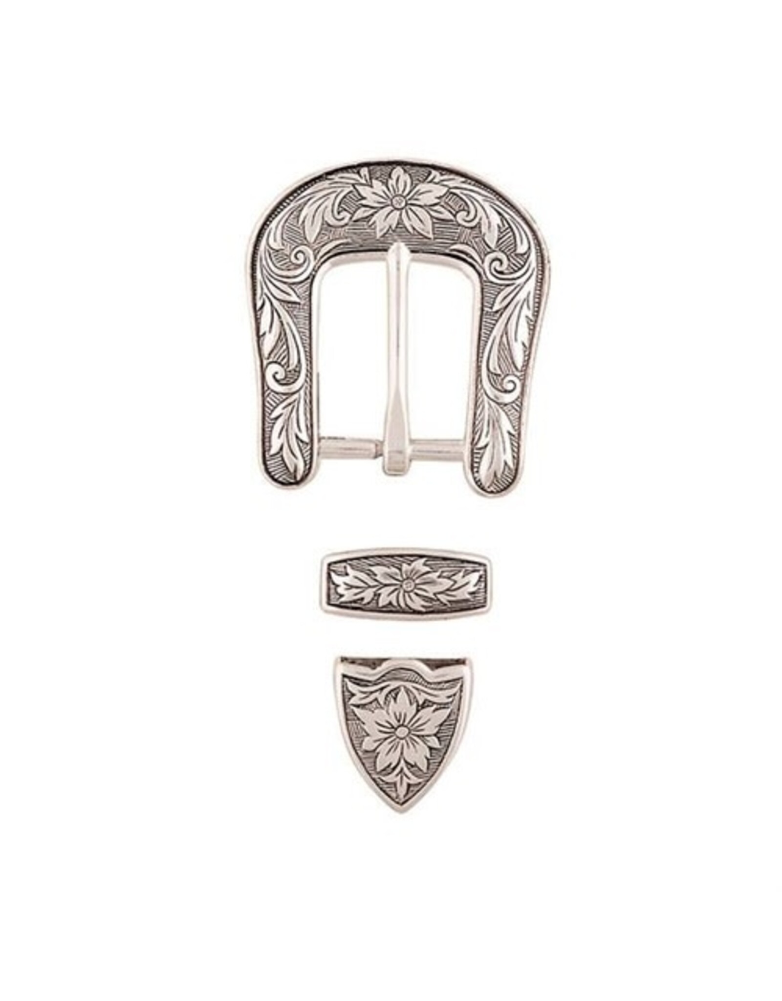 Western Floral Buckle Loop & Tip Set, 1 1/2"  - Antique Silver - 01579-AS-1 1/2