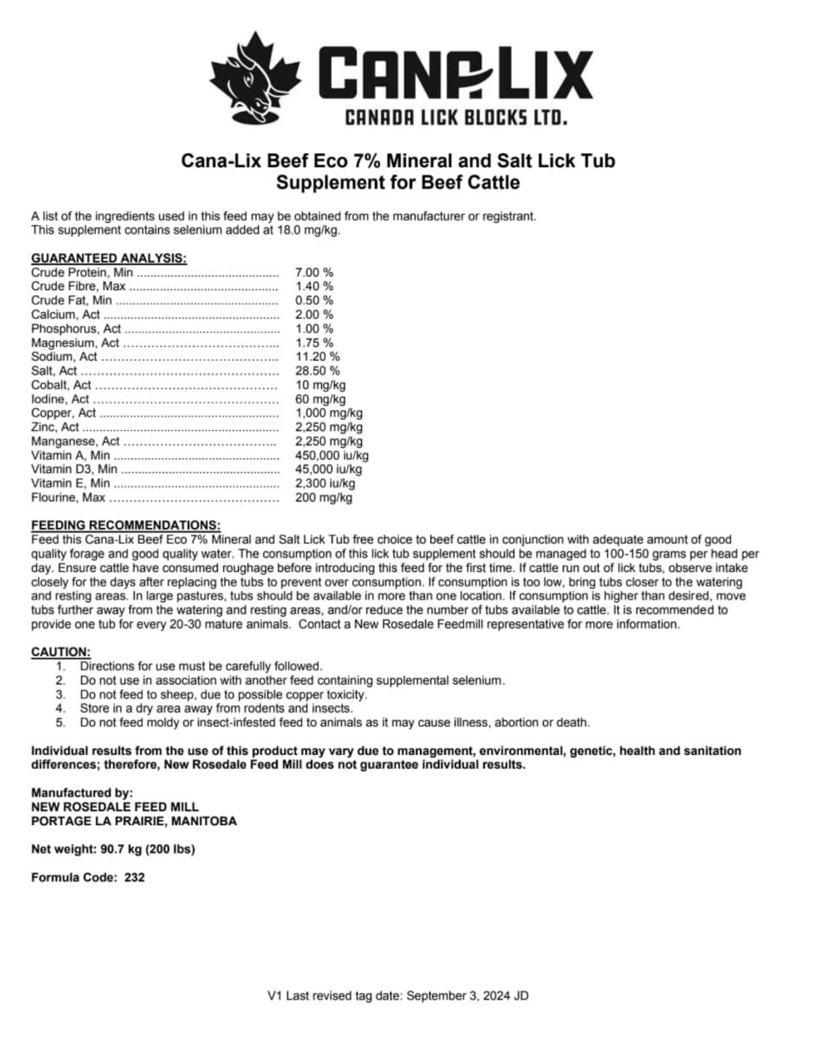 CANA LIX Cana-Lix Beef Eco 7% Mineral & Salt Tub 200lb - No Urea - CP 7%, Fiber 1.40%, Fat 0 .50%, Vit A 450,000, Vit D 45,000, Vit E 2300 - (232)