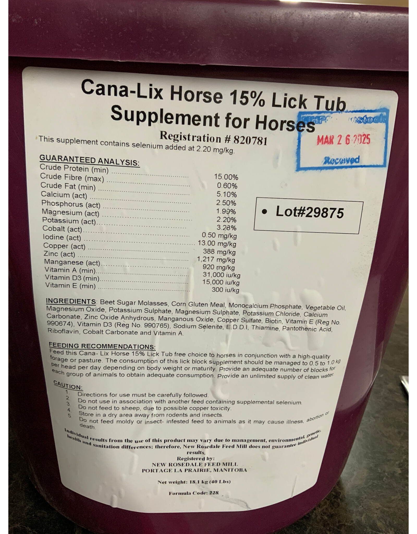 CANA LIX Cana-Lix Horse 15% Lick Mineral Tub - Pail 40lb (228-40) CP 15%, Fat 5.10%, Fiber 1.5%, Vit A 31,000, Vit D 15,000, Vit 300