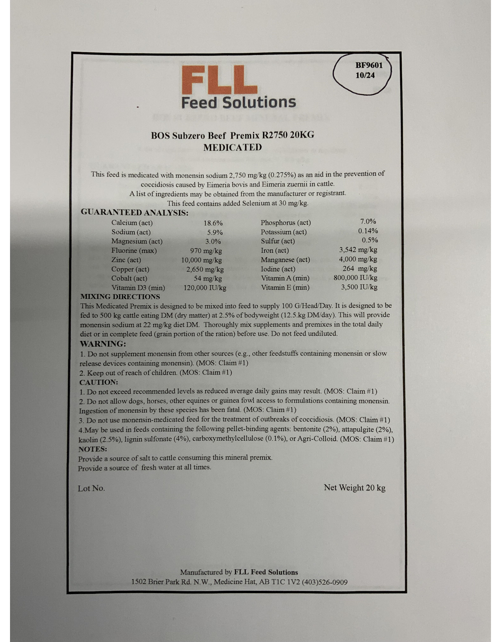 FLL Feed Solutions BOS Subzero Beef Cow Mineral Px Medicated - R2750 -BF9601 - 20KG