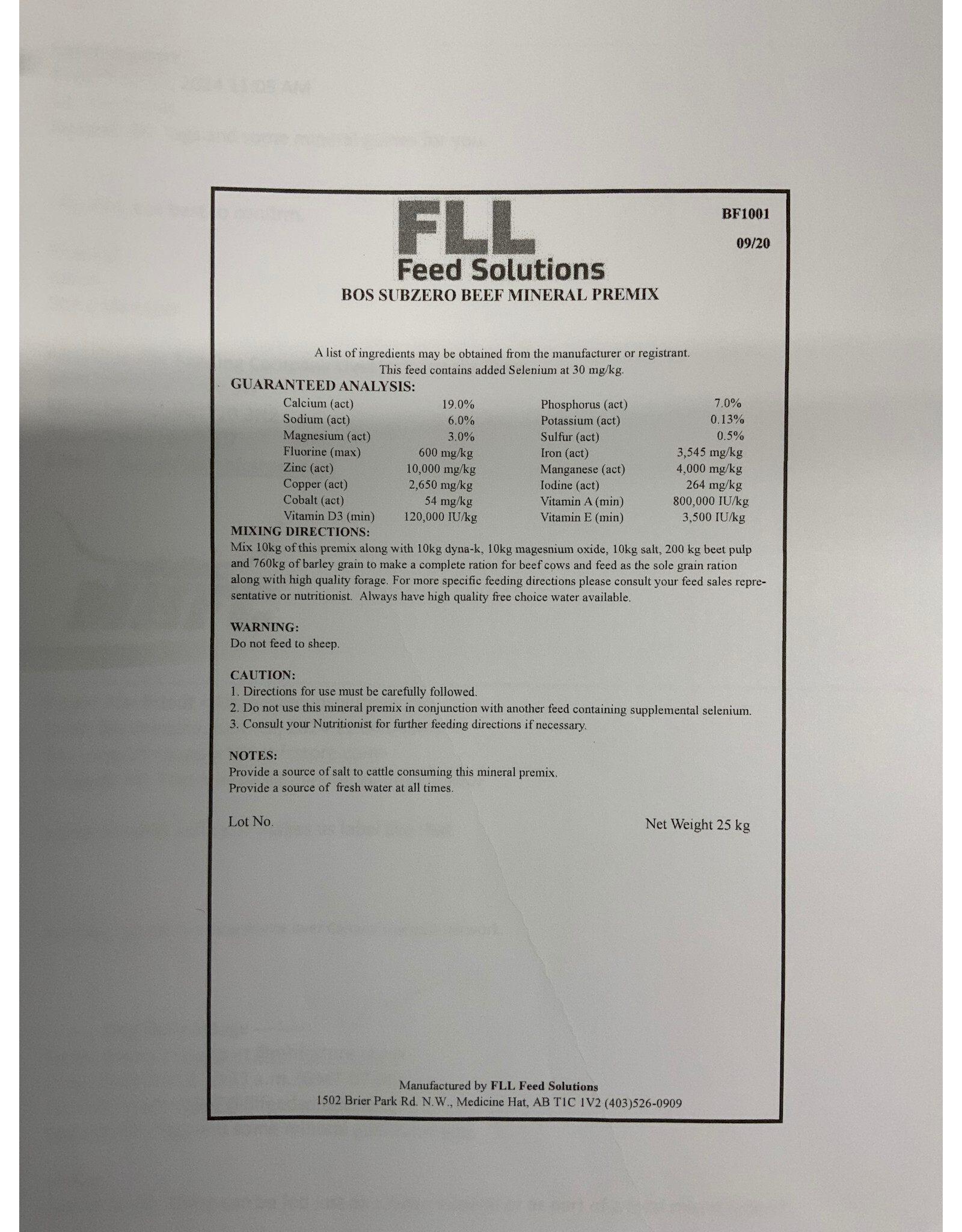 FLL Feed Solutions BOS Subzero Beef Cow Mineral Px  - BF9600 - 20KG bag