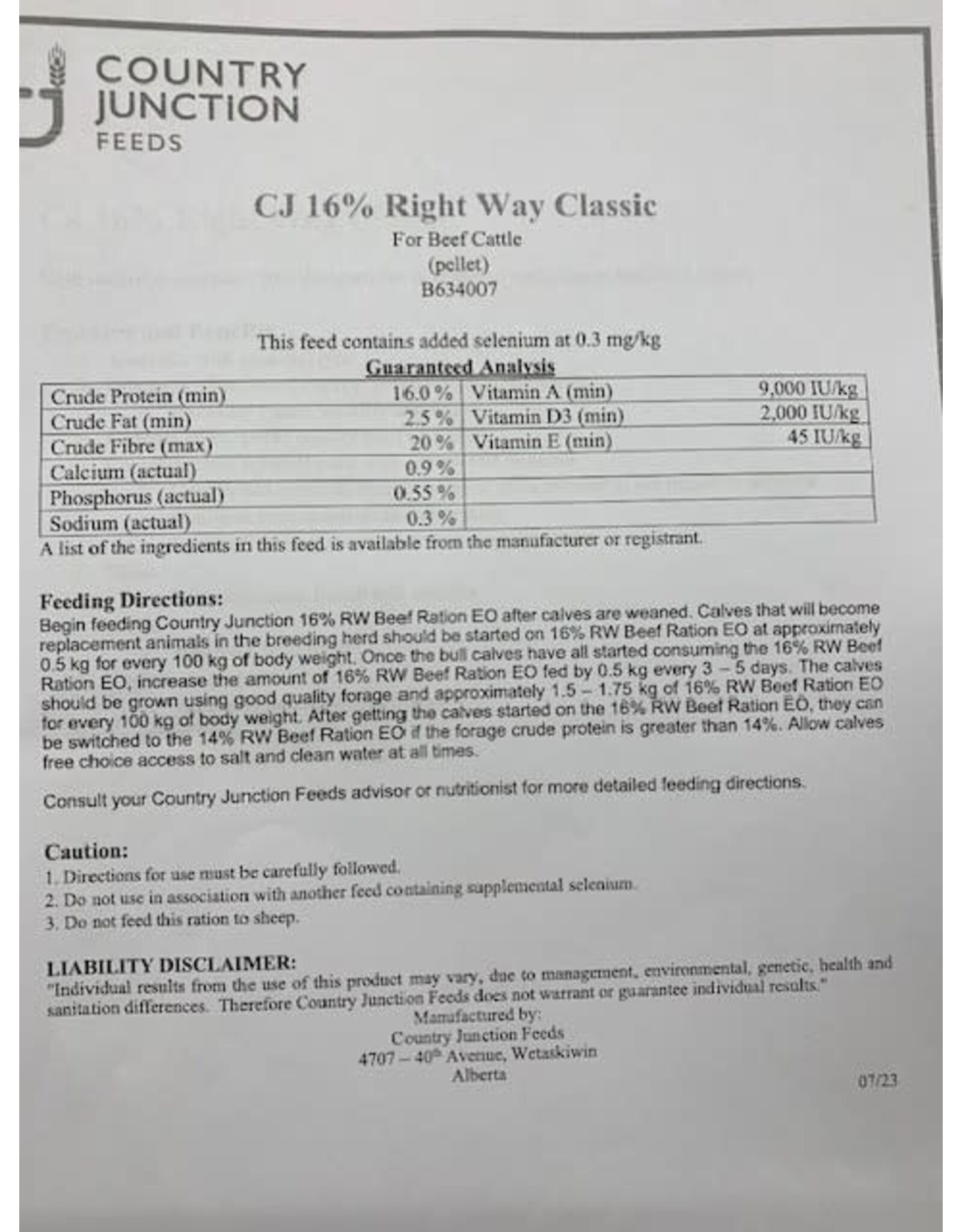 16% Right Way Classic Beef Ration Pellet -  B634007B - weaned calf ration