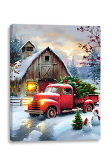 CHRISTMAS!!! Canvas Wall Light Up (6 Hr Timer) - Truck Barn Scene - 12" x 16"