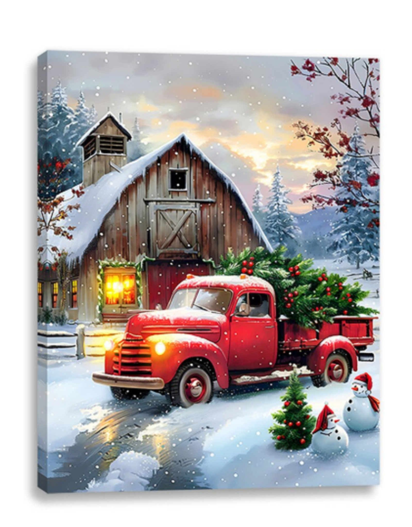 CHRISTMAS!!! Canvas Wall Light Up (6 Hr Timer) - Truck Barn Scene - 12" x 16"