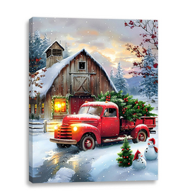 CHRISTMAS!!! Canvas Wall Light Up (6 Hr Timer) - Truck Barn Scene - 12" x 16"