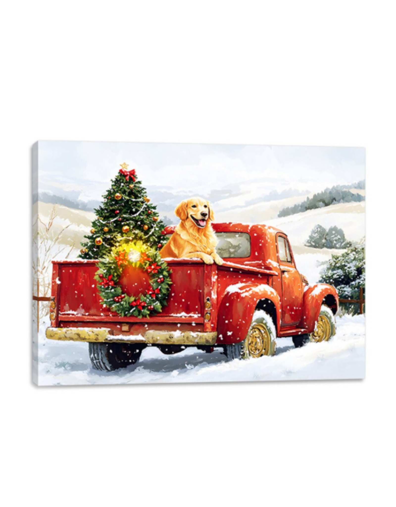 CHRISTMAS!!! Canvas Wall Light Up (6 Hr Timer)- Red Truck with Dog - 12" x 16"