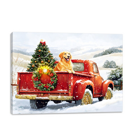 CHRISTMAS!!! Canvas Wall Light Up (6 Hr Timer)- Red Truck with Dog - 12" x 16"