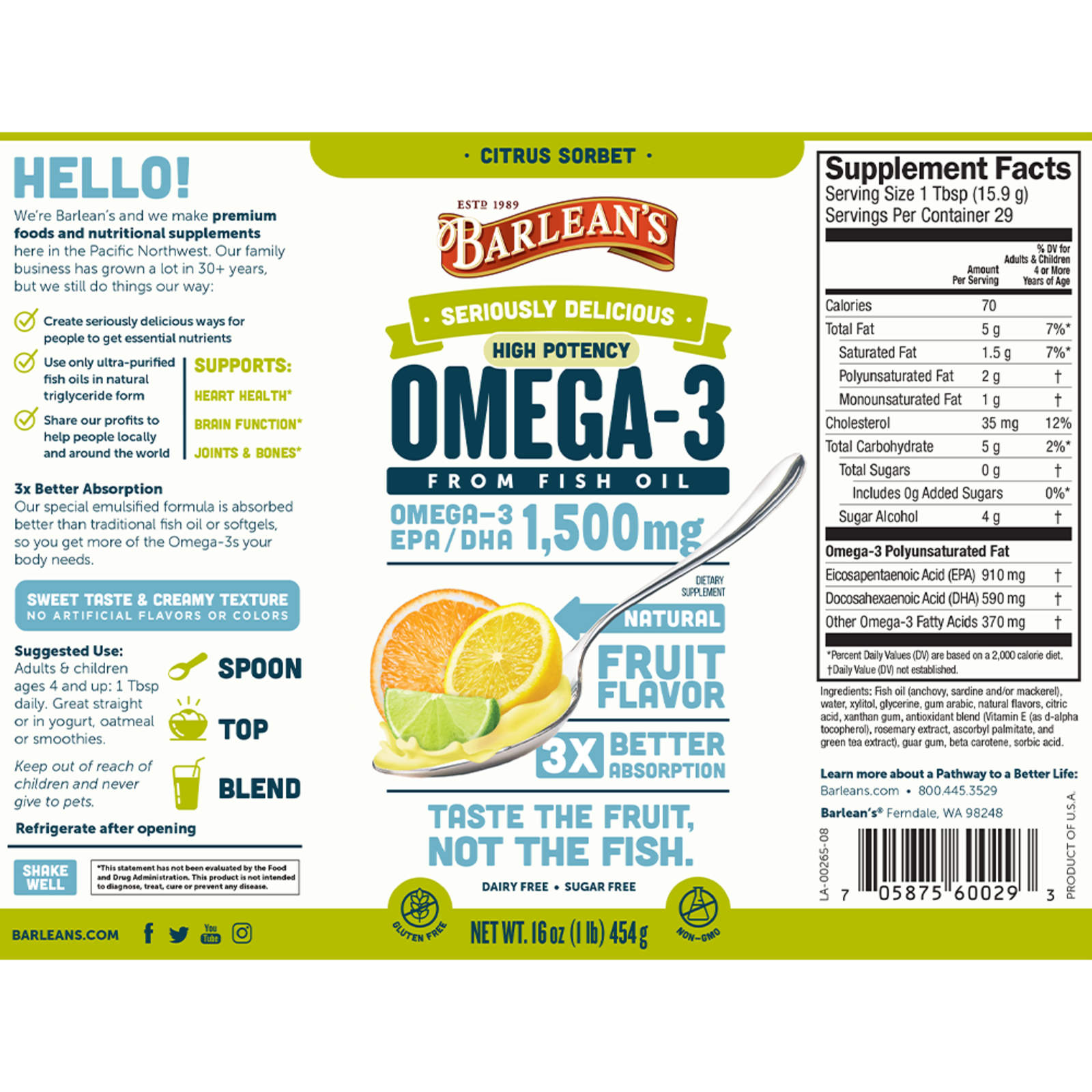 Barleans High Potency Fish Oil - Citrus Sorbet - 16oz