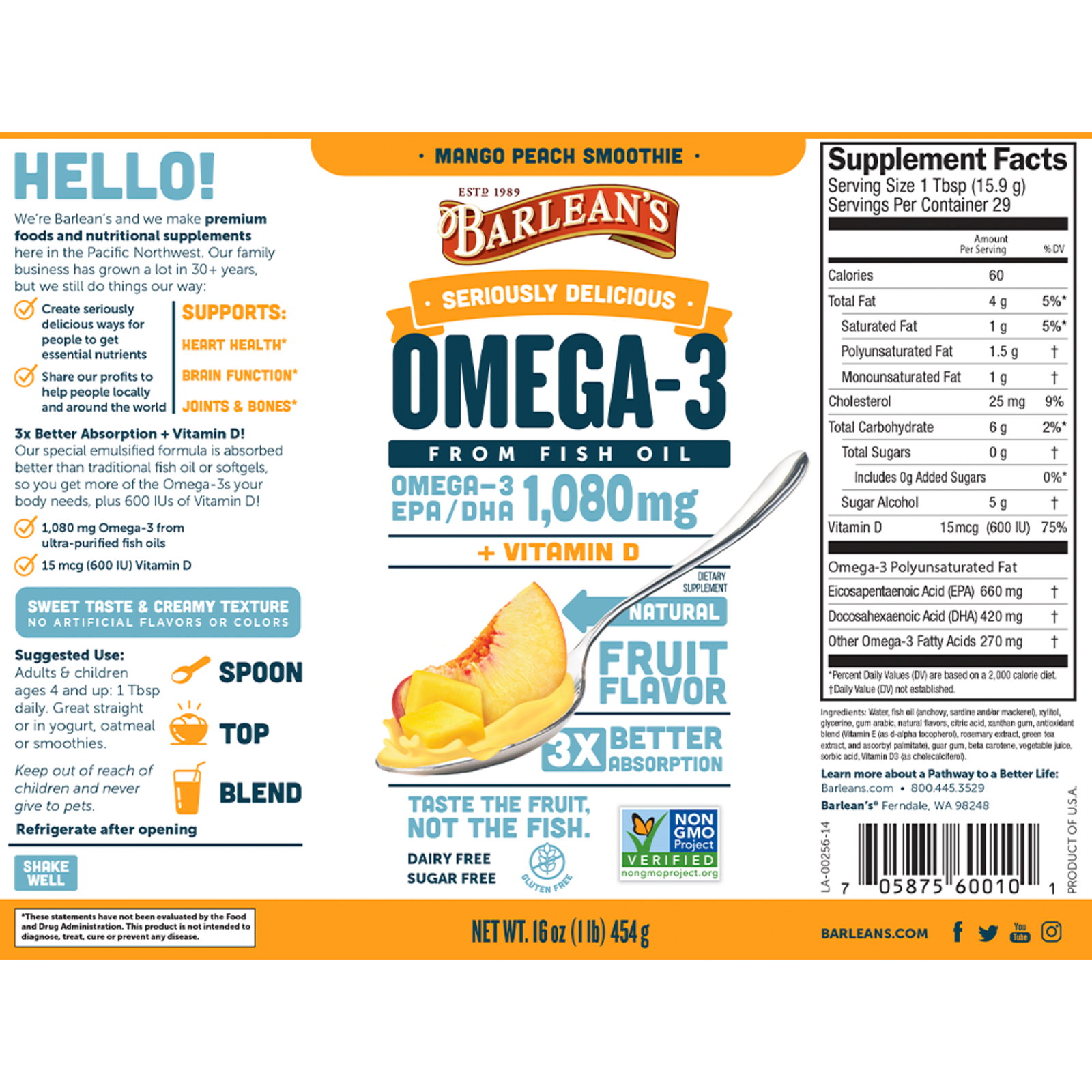 Barleans Seriously Delicious Fish Oil - Mango/Peach - 16oz