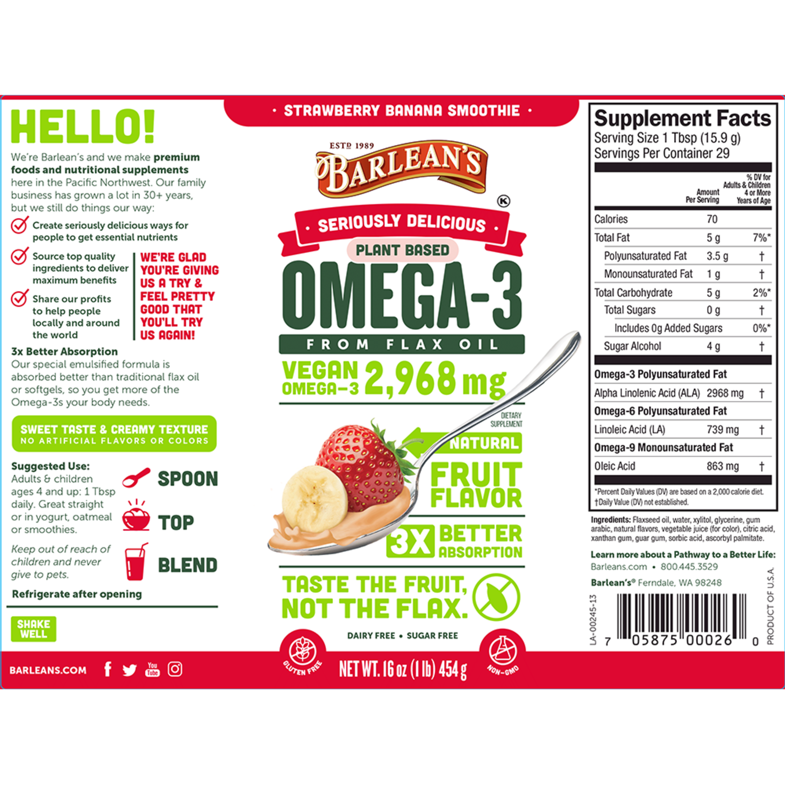 Barleans Seriously Delicious Fish Oil w/Flax - Strawberry/Banana - 16oz