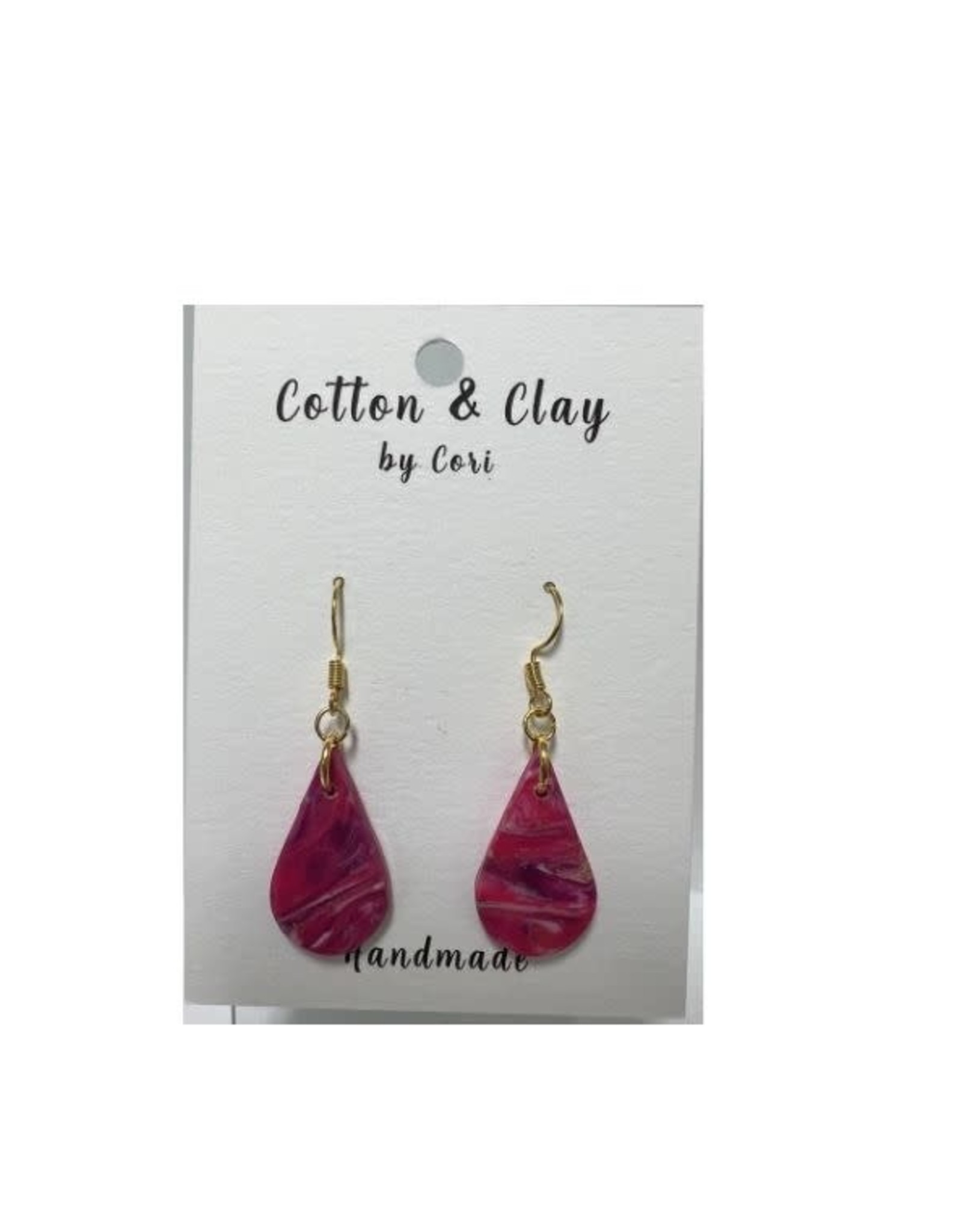 Cotton & Clay Clay Earrings  Drop tear pink marble