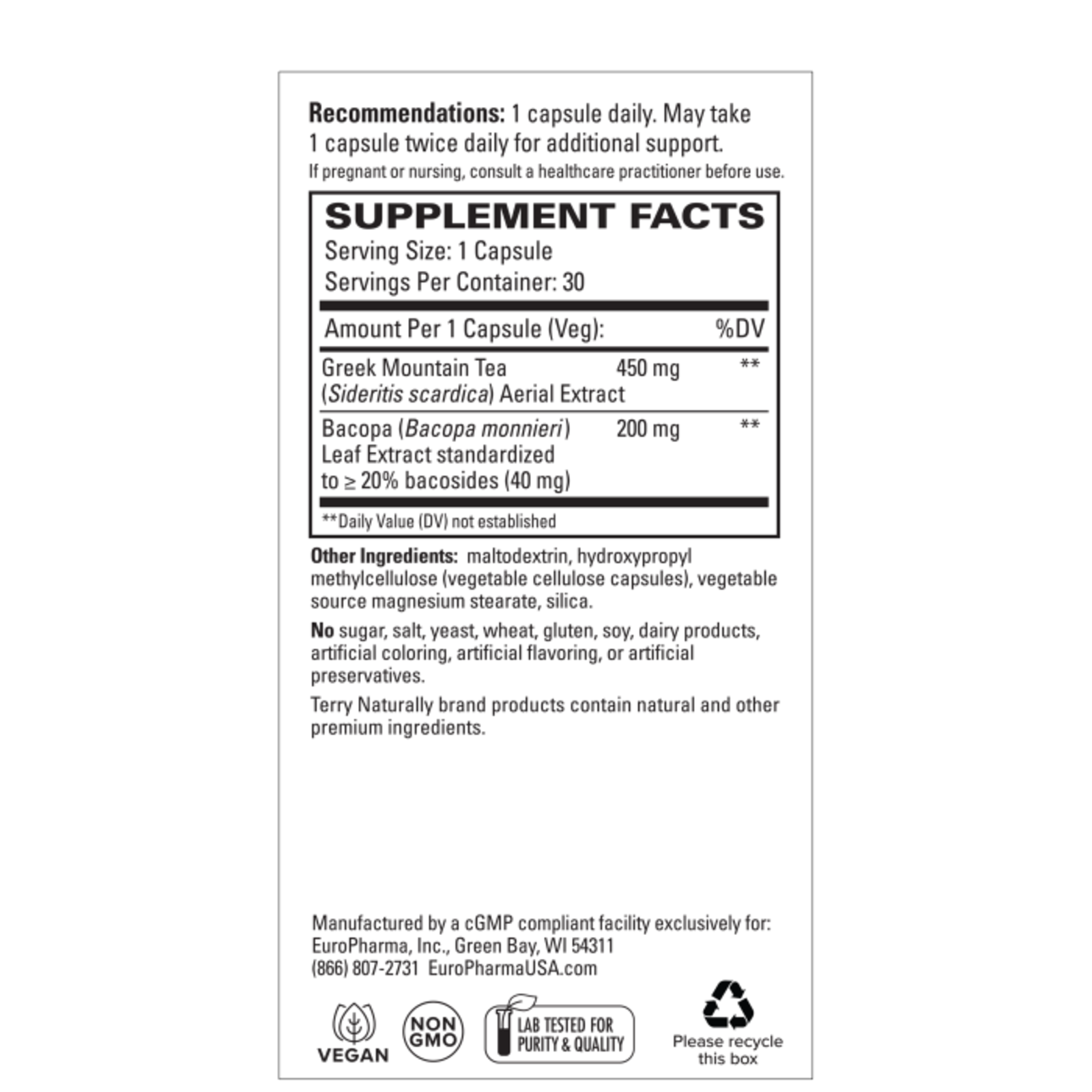 Terry Naturally Greek Mountain Tea + Bacopa - 30 caps