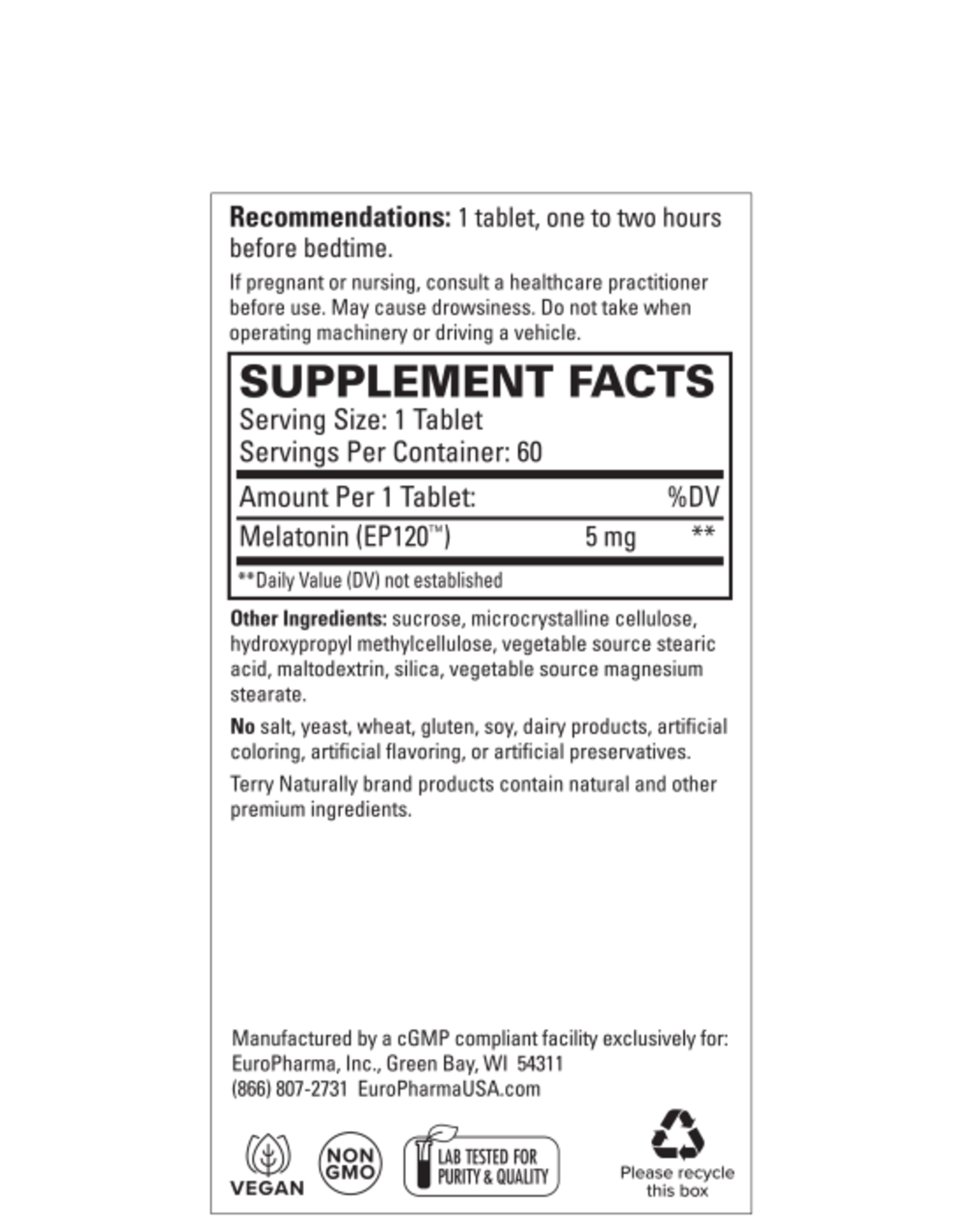 Terry Naturally Melatonin EP120 - 60 vegan tabs