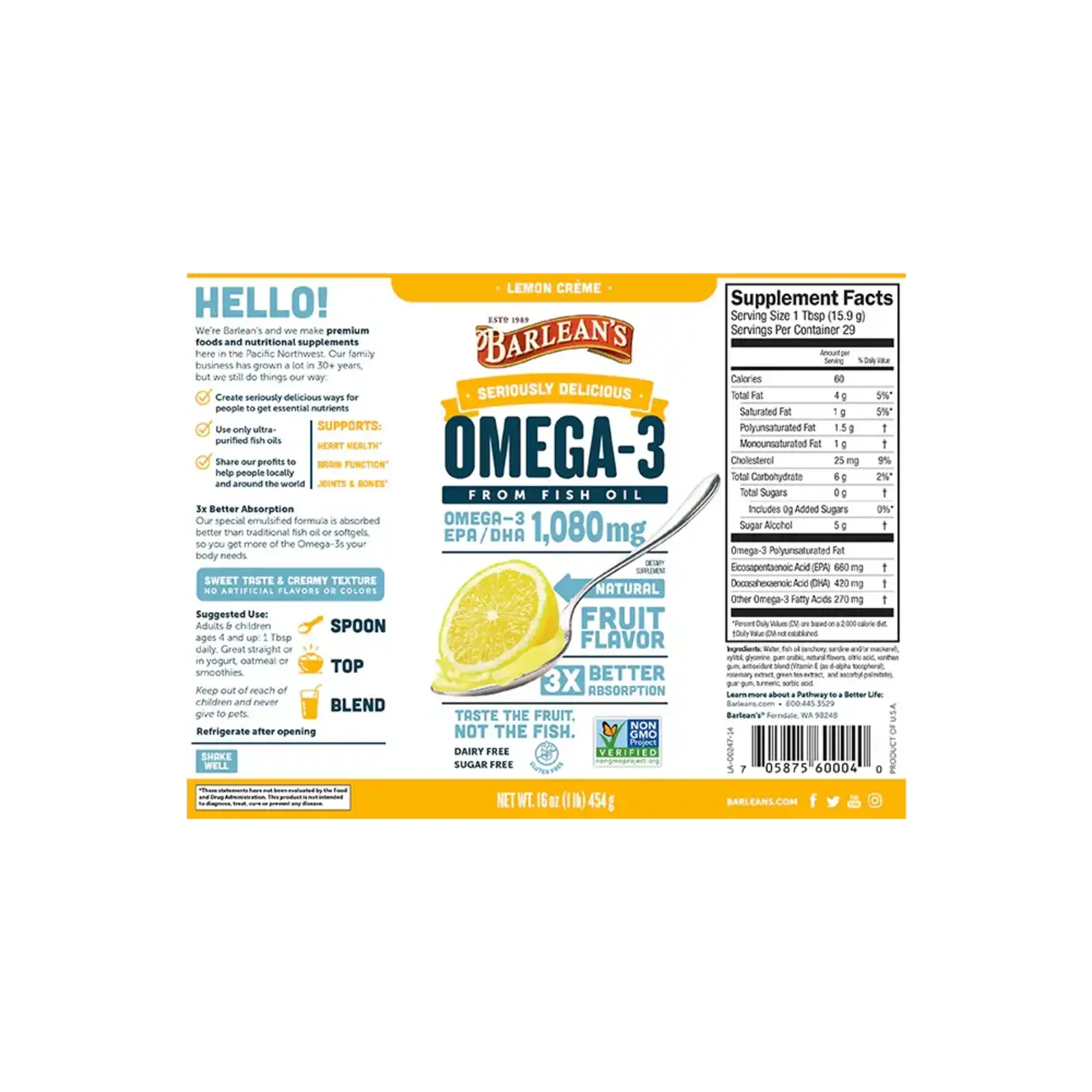 Barleans Seriously Delicious Fish Oil - Lemon Creme - 16oz