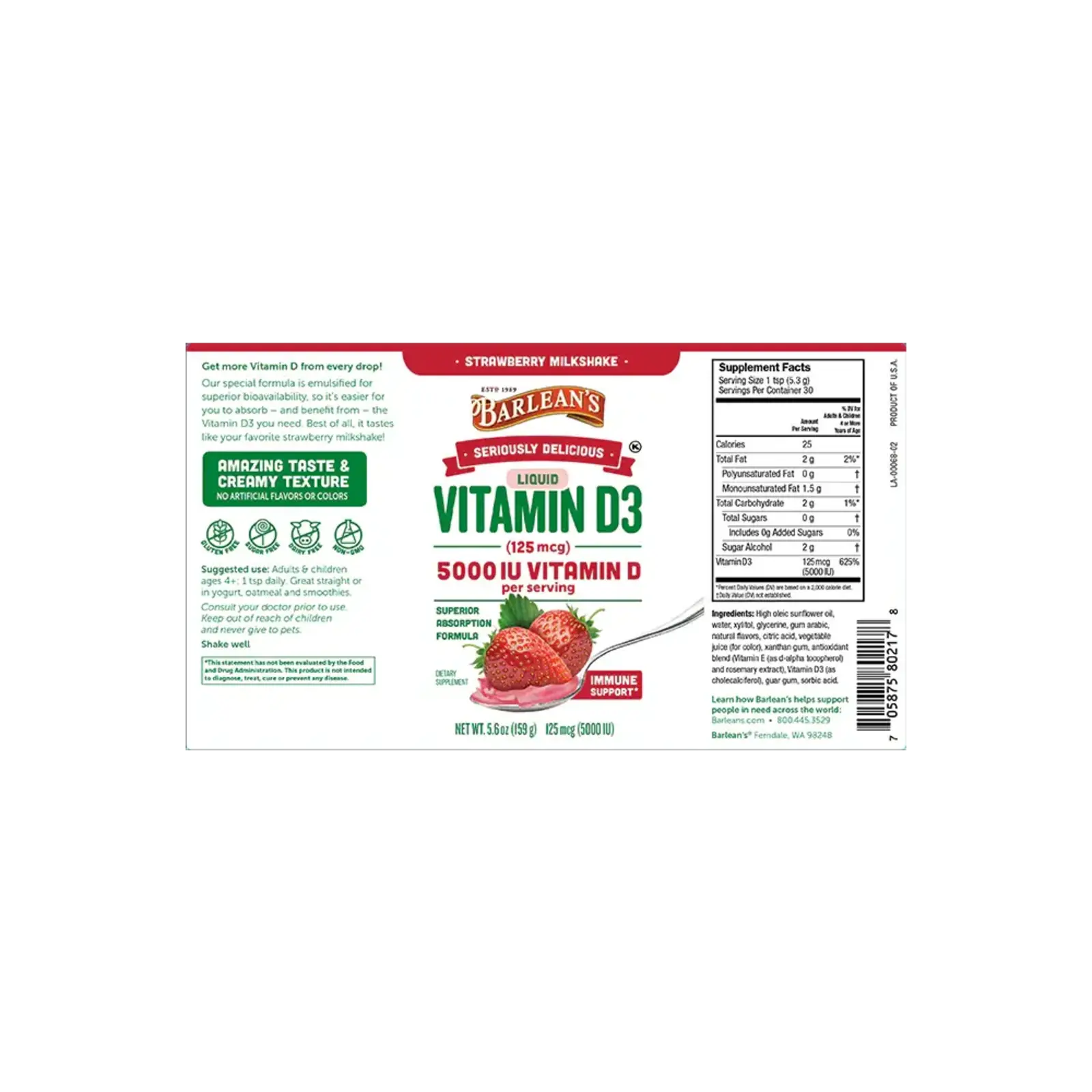 Barleans Liquid Vitamin D3 (5000IU) - Strawberry Milkshake -5.6oz