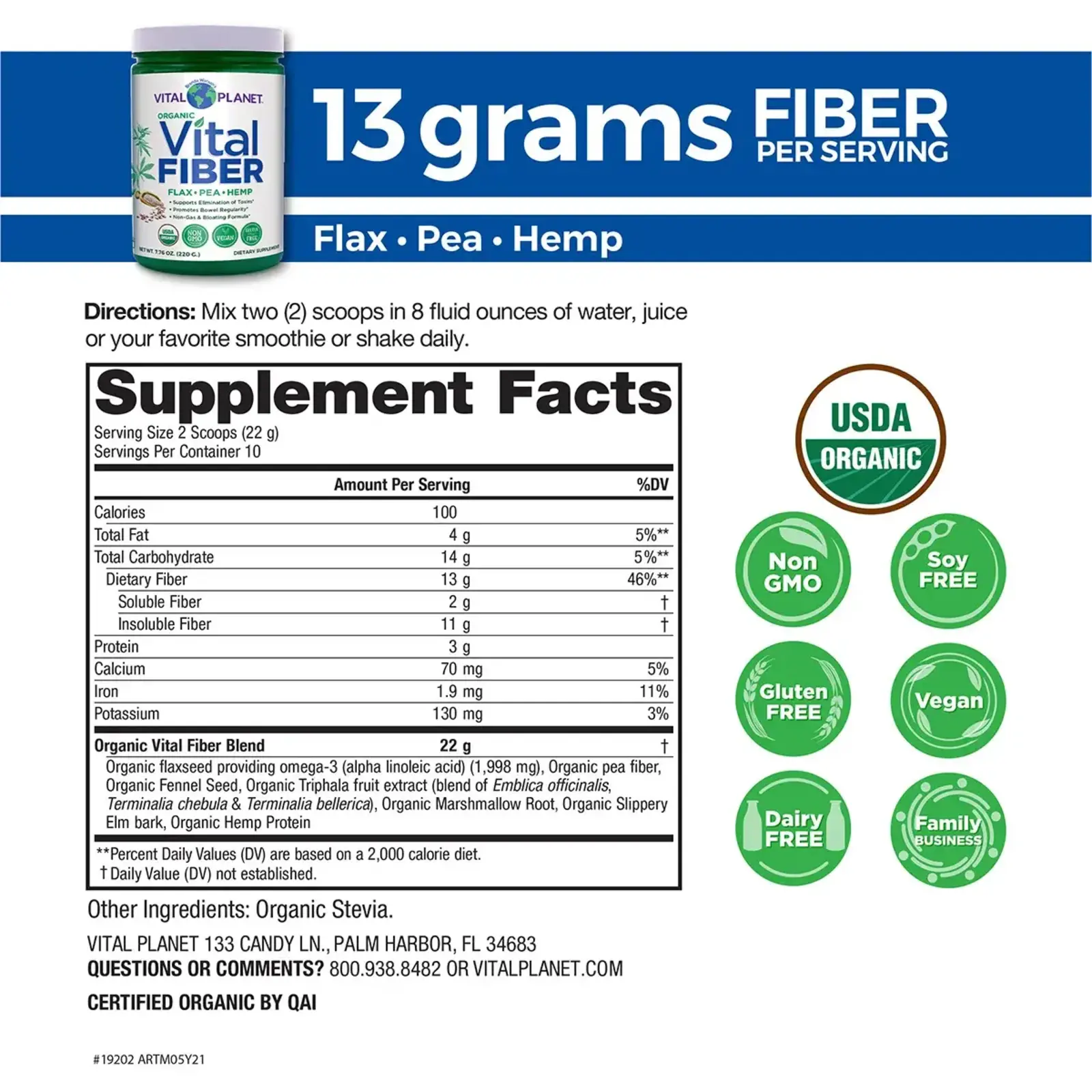 Vital Planet Vital FIBER, 220g USDA Organic