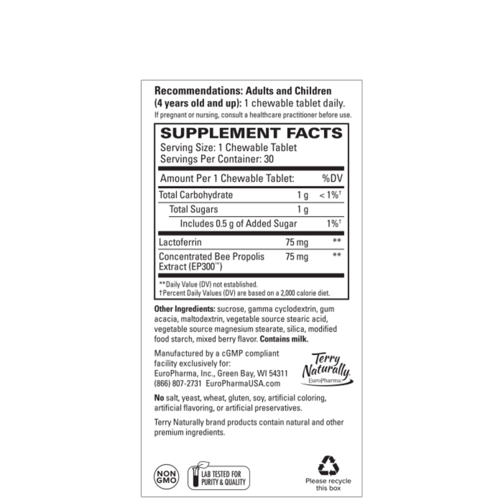 Terry Naturally Lactoferrin with Propolis Extract EP300