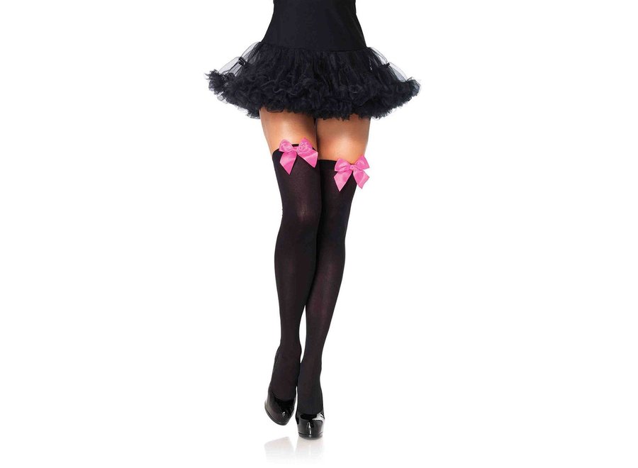 Nylon Thigh Highs With Bow- Black & hot Pink