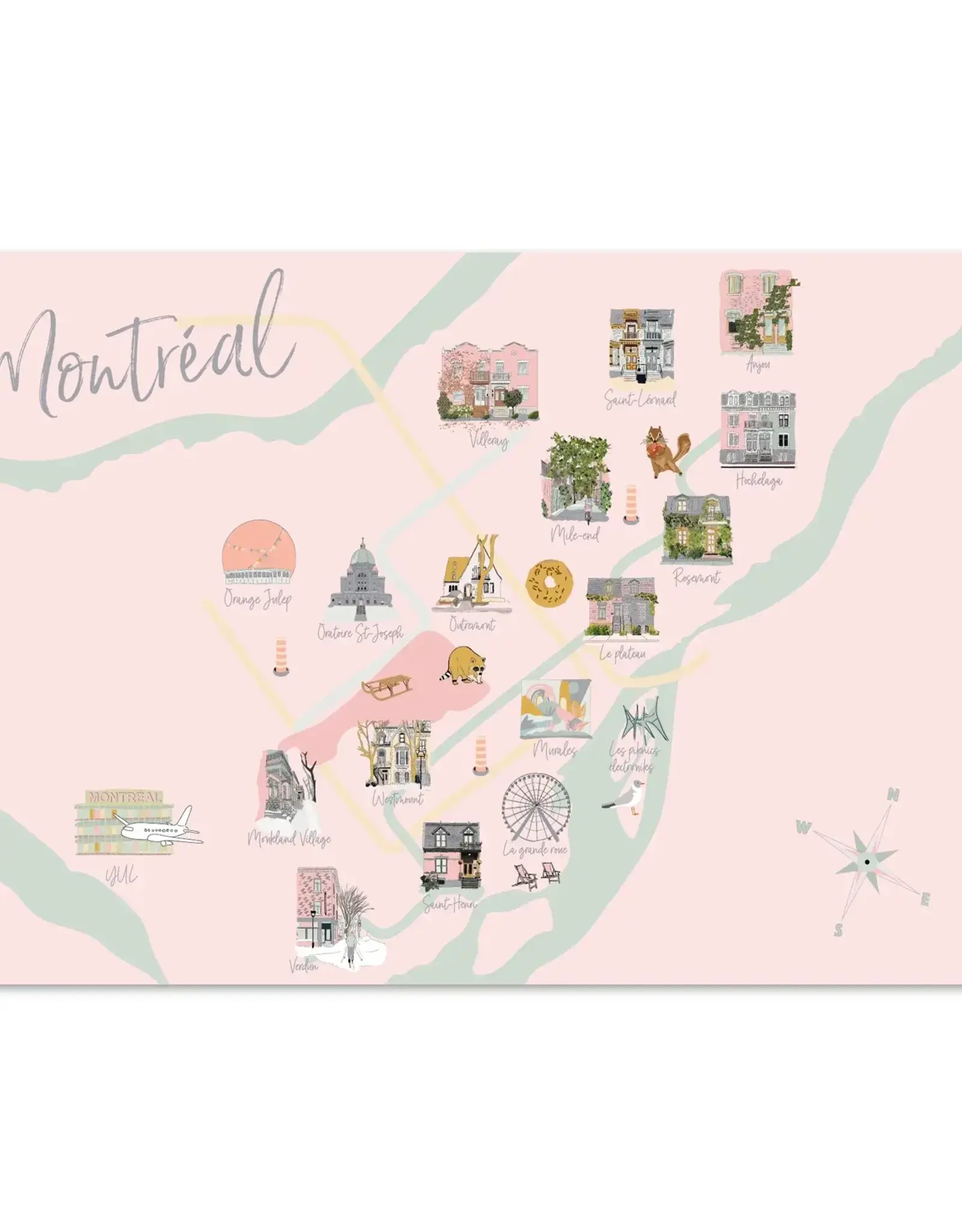 CARTE POSTALE : MAP DE MONTRÉAL ET ICONES