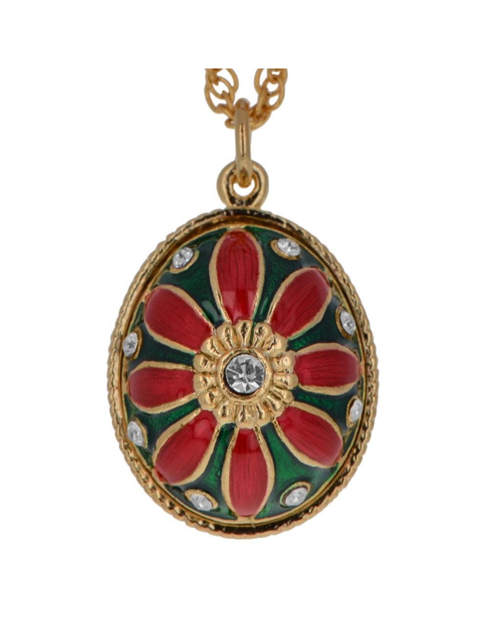 Enameled Egg Pendant Necklace "Red Flower"