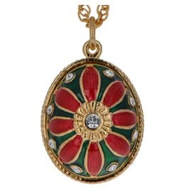 Enameled Egg Pendant Necklace "Red Flower"