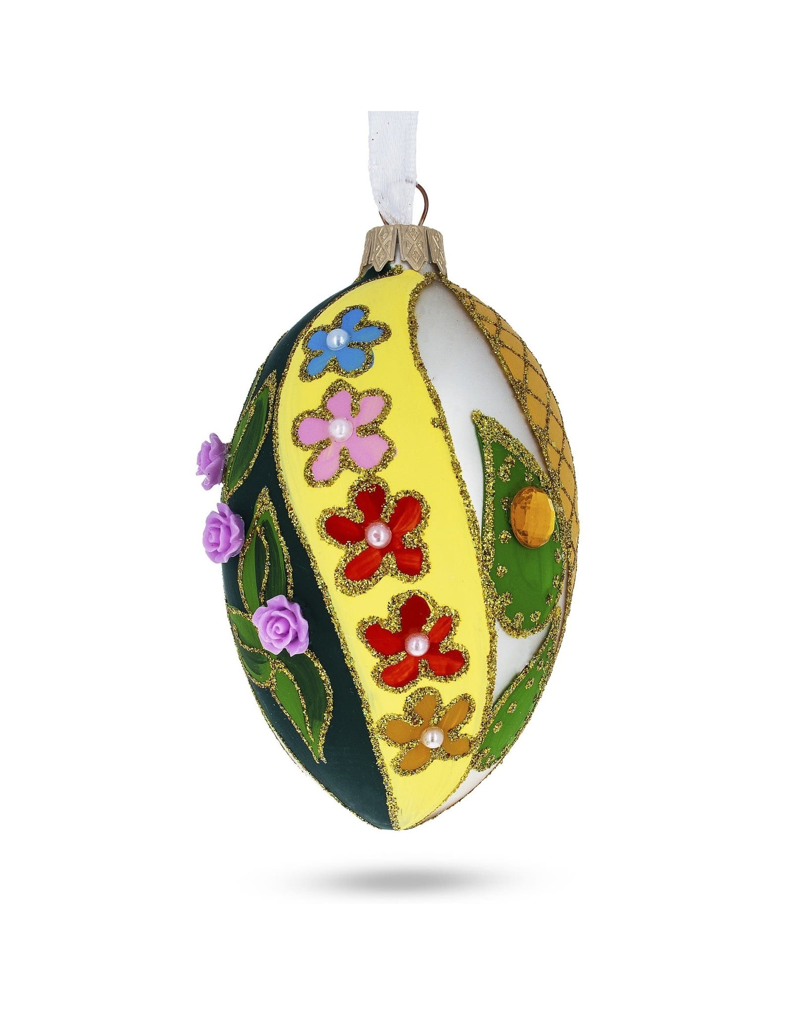 Roses on Spiral Leaves Fabergé Style Glass Egg Ornament