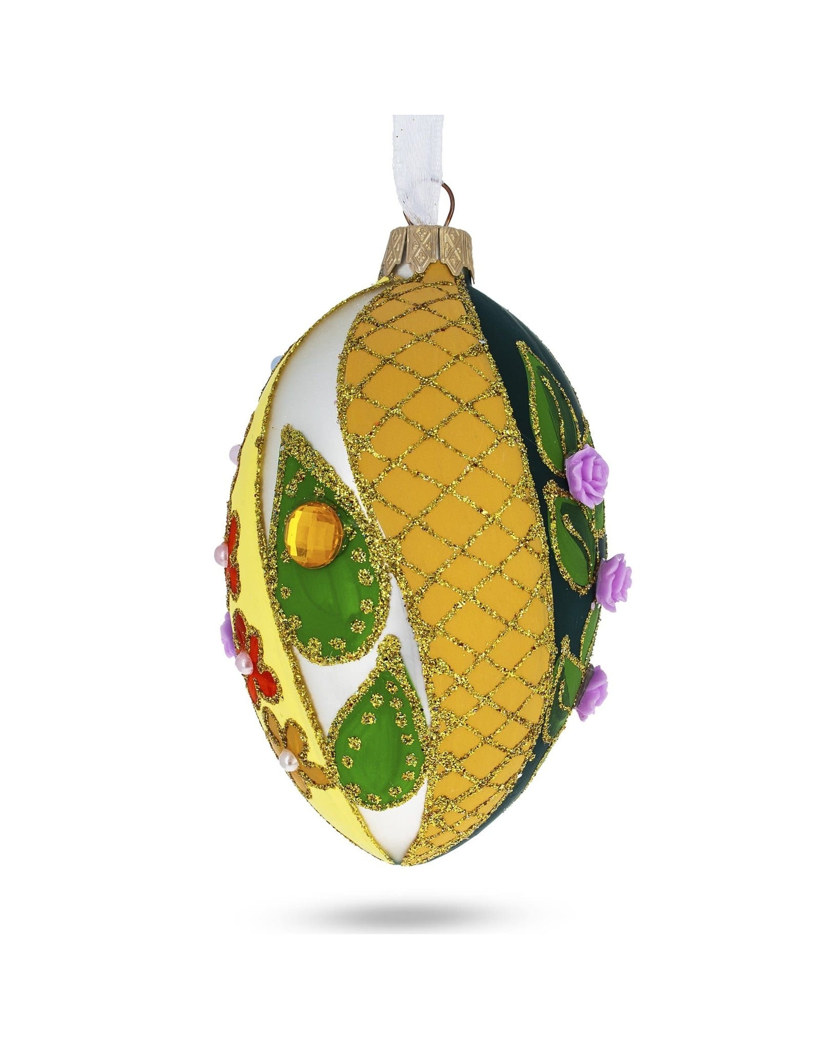 Roses on Spiral Leaves Fabergé Style Glass Egg Ornament