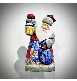Carved Wood Santa with Lantern (Blue and Red)