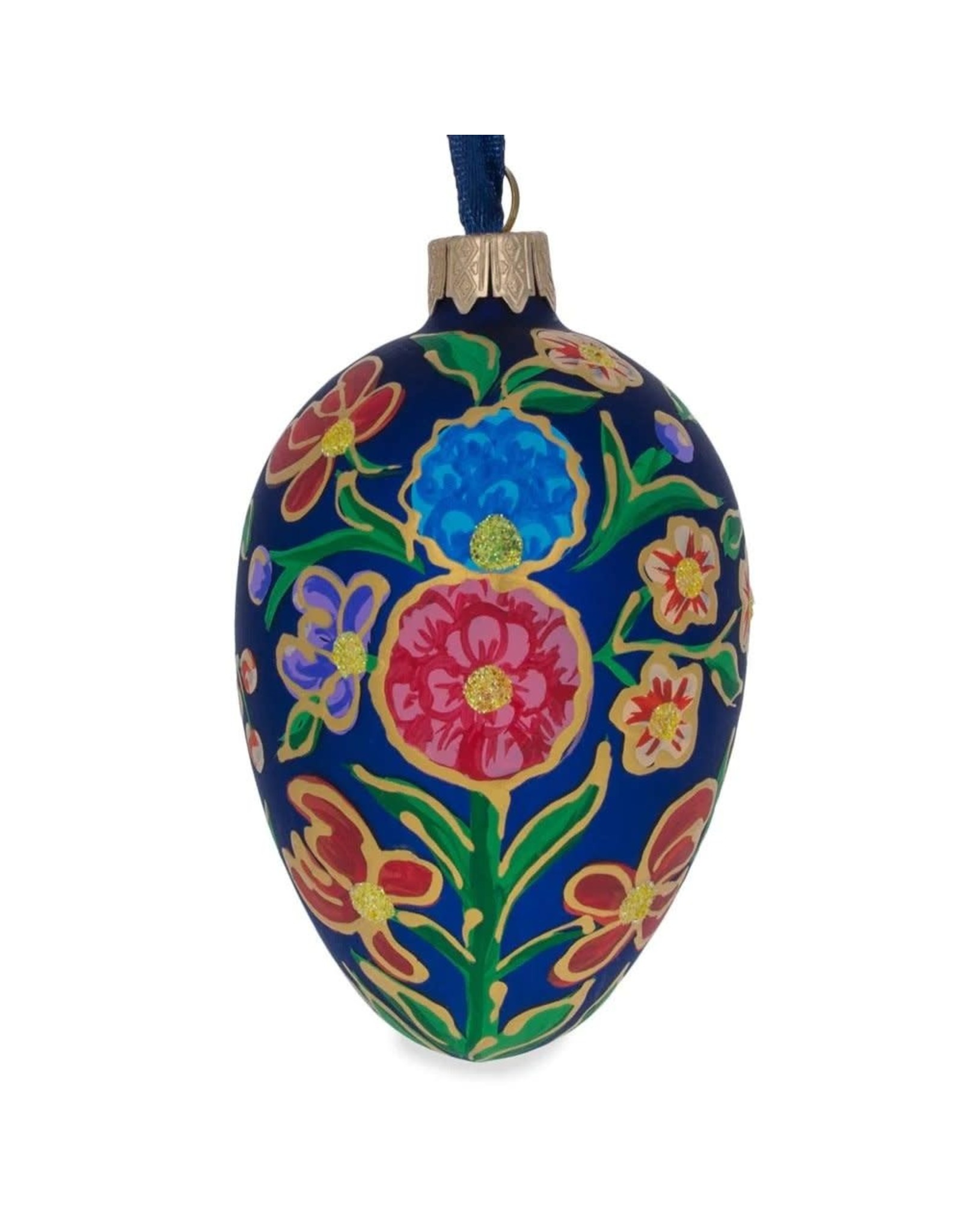 Colorful Bouquet on Blue Glass Egg Ornament