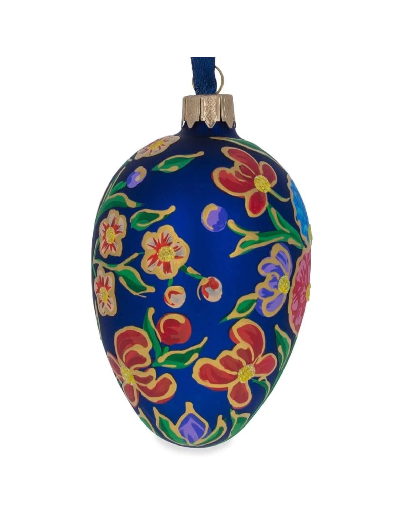 Colorful Bouquet on Blue Glass Egg Ornament