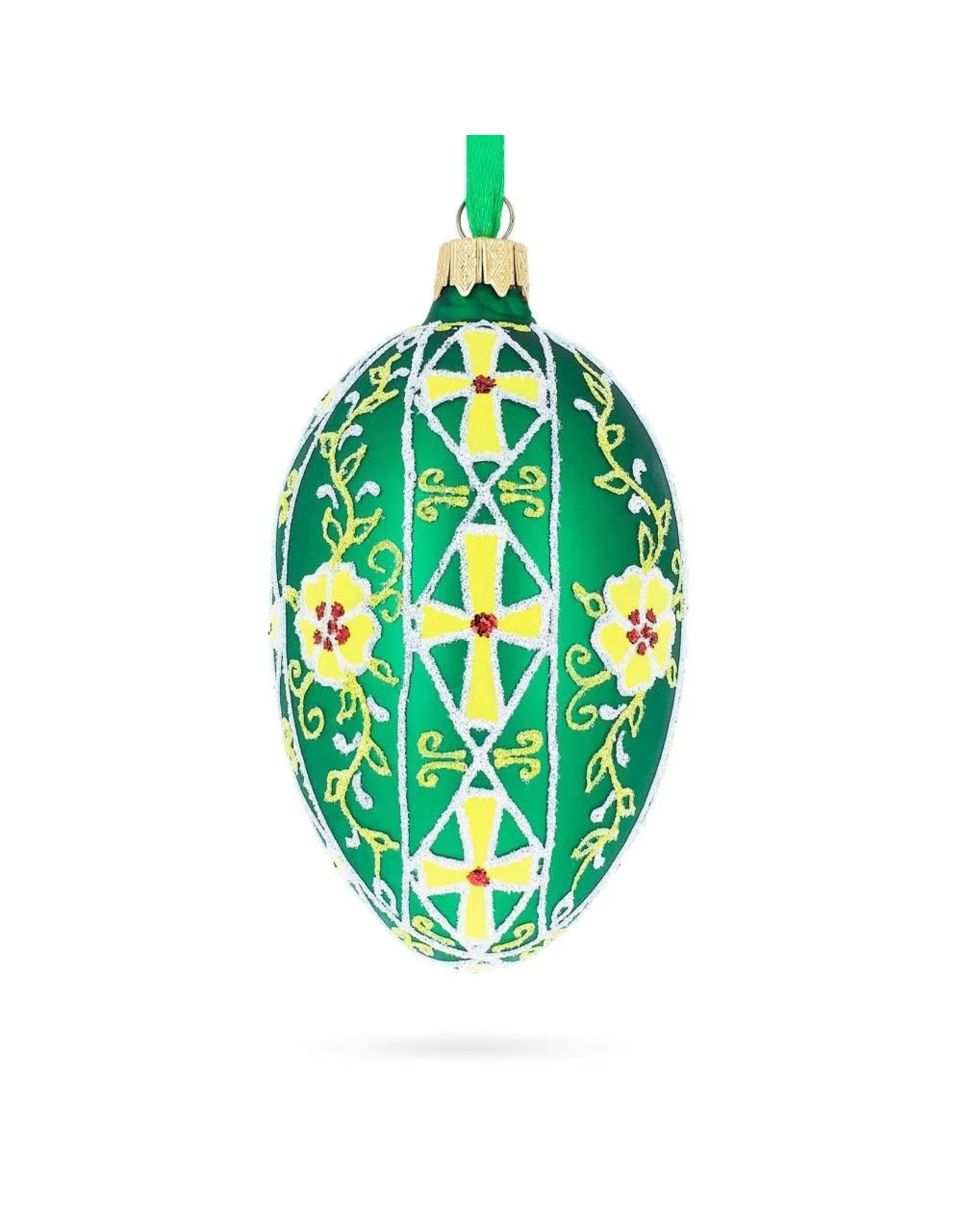Gold Crosses on Green Glass Pysanky Egg Ornament