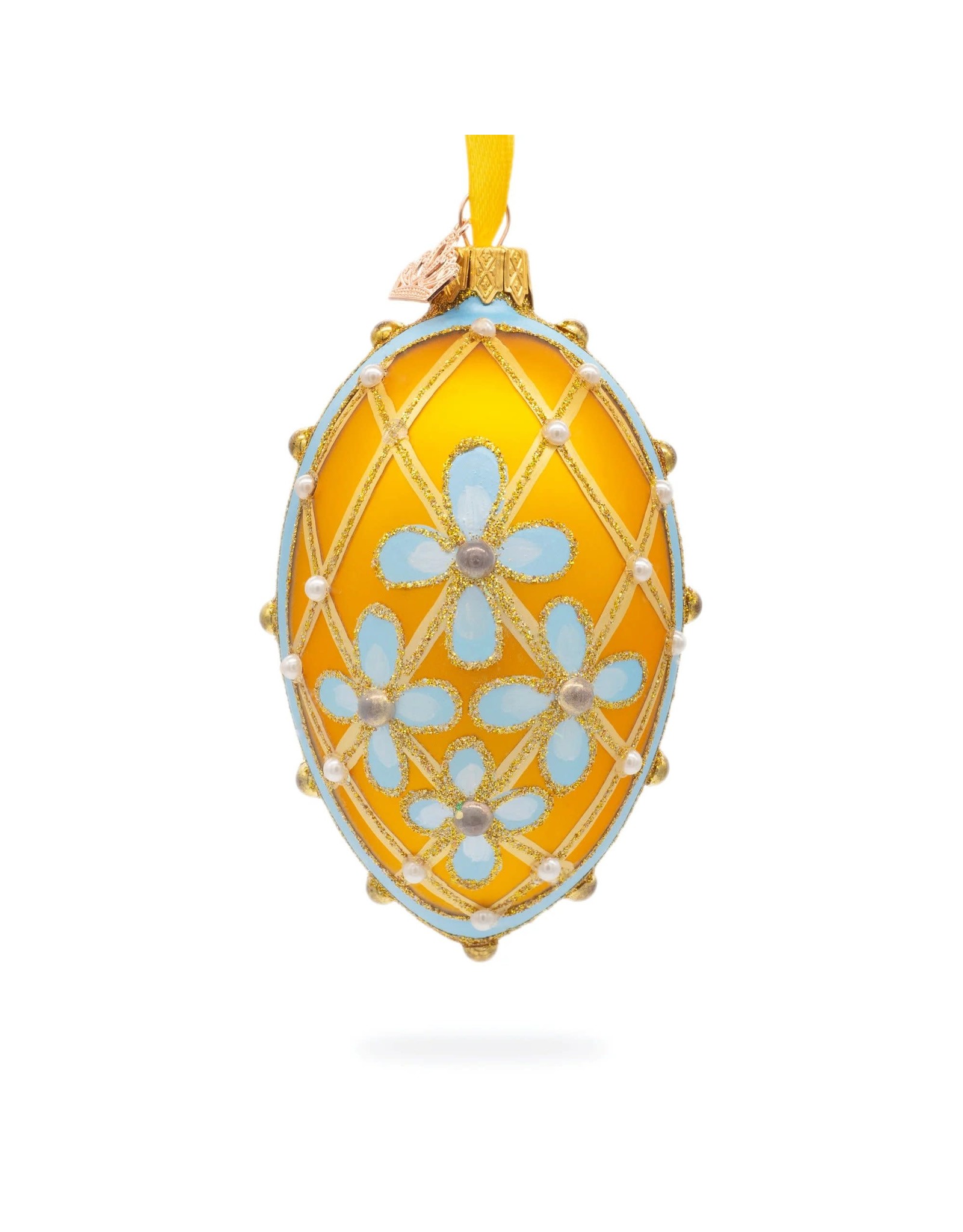 Blue Flowers on Gold Glass Imperial Egg Ornament