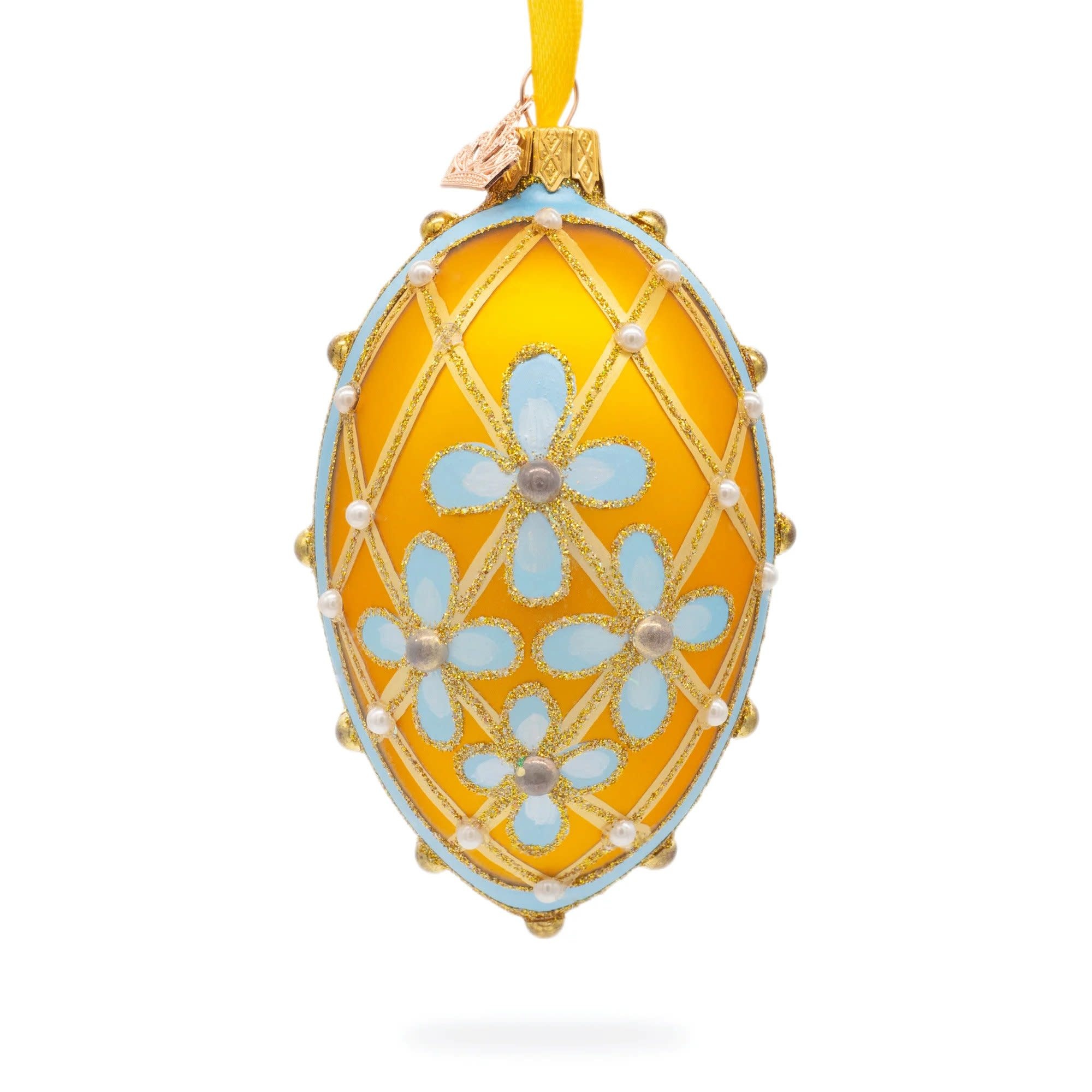 Blue Flowers on Gold Glass Fabergé Egg Ornament TMORA Shop