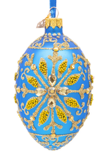 Golden Beaded Snowflake on Blue Glass Egg Ornament