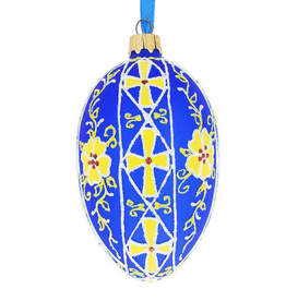 Yellow Flowers on Blue Pysanky Glass Egg Ornament