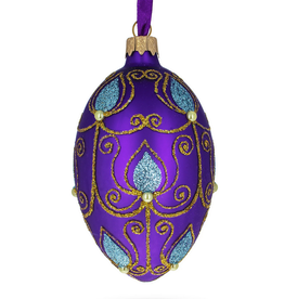 Blue Leaf on Purple Glass Egg Ornament