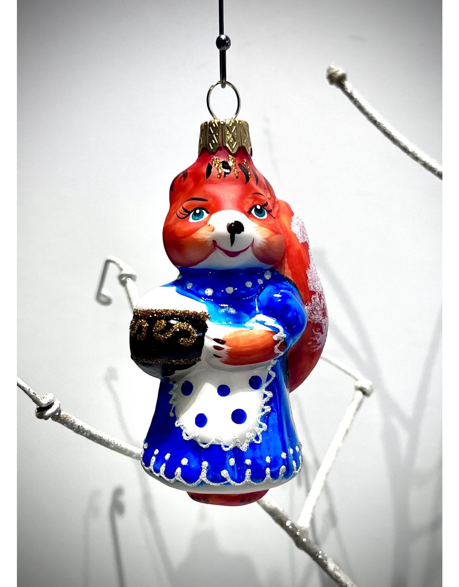 Fox in Blue Dress Glass Ornament