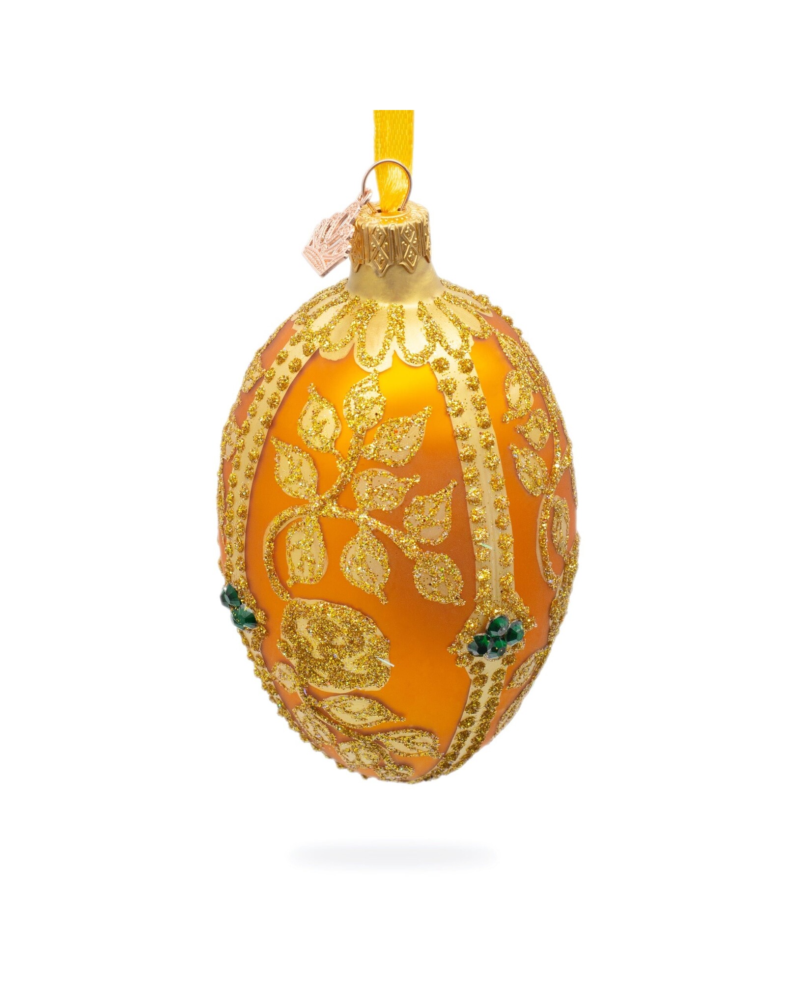 Glittered Gold Leaves on Gold Glass Egg Ornament
