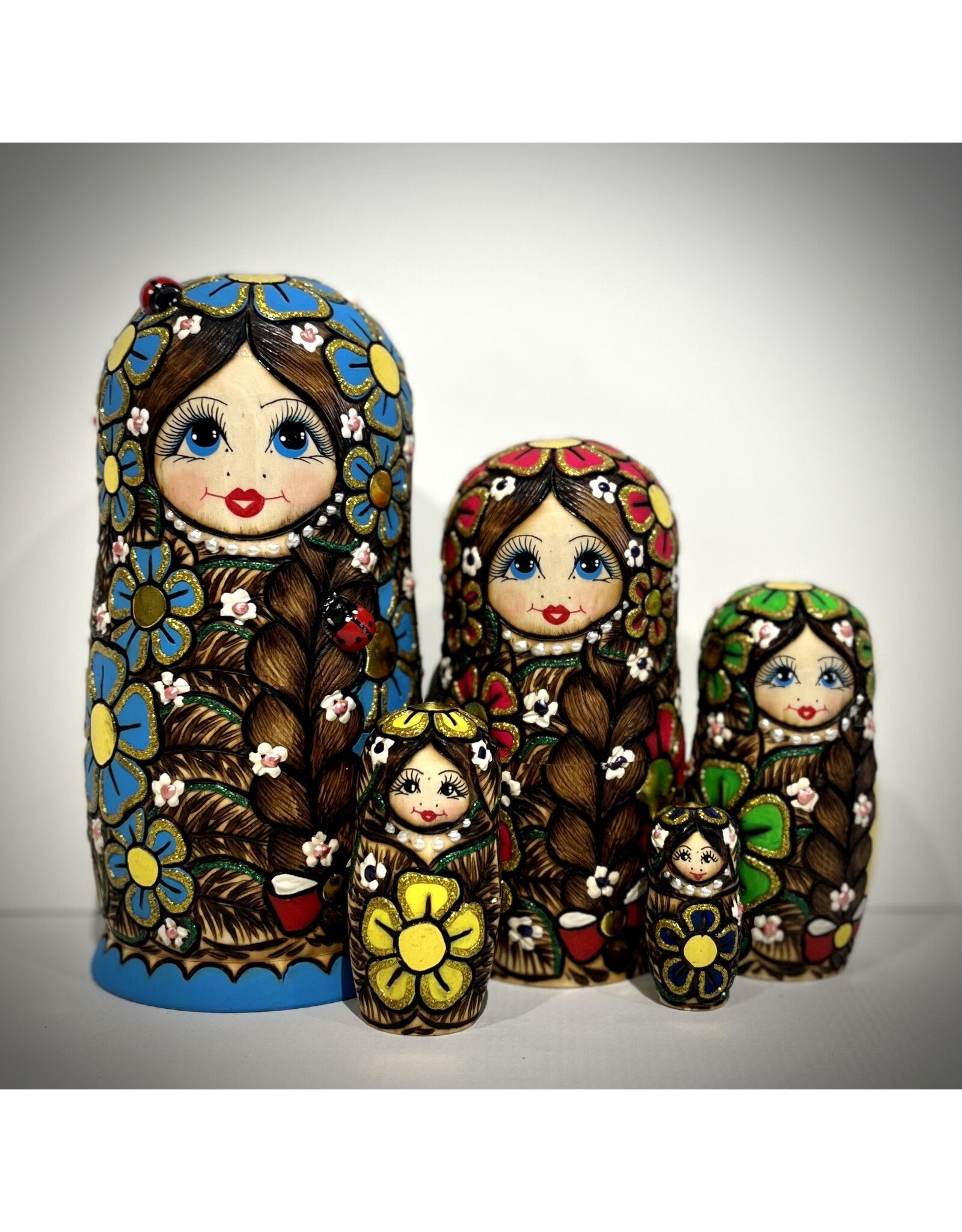 Matryoshka with Ladybug and Blue Flowers