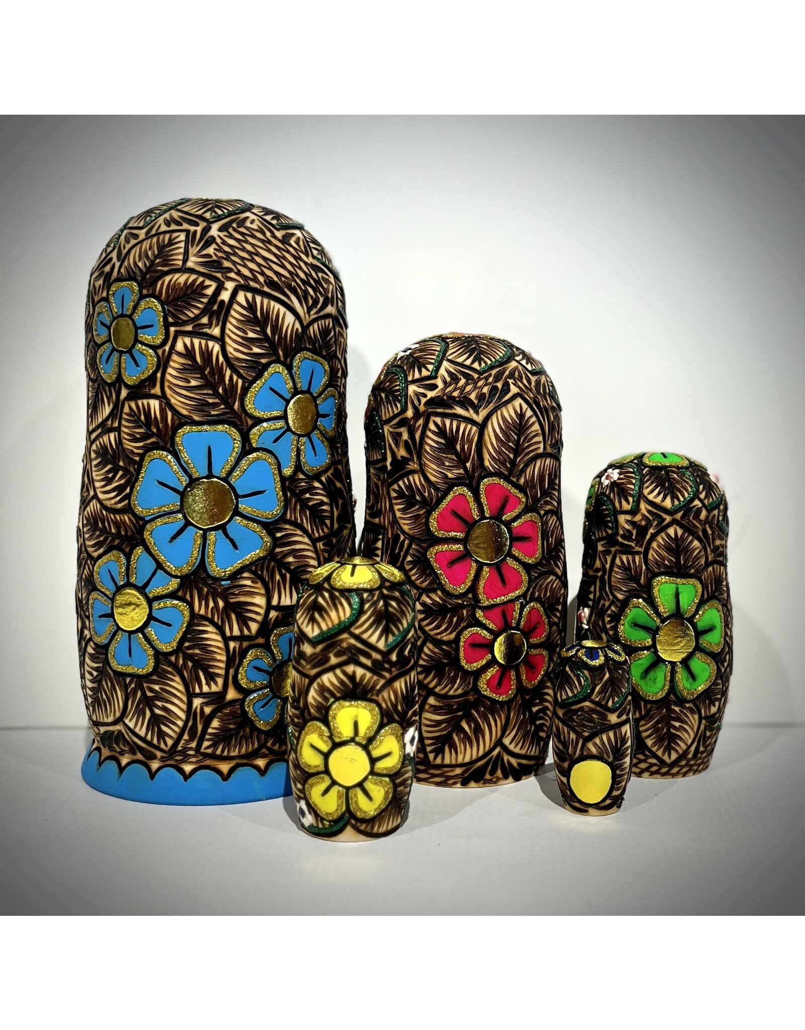 Matryoshka with Ladybug and Blue Flowers