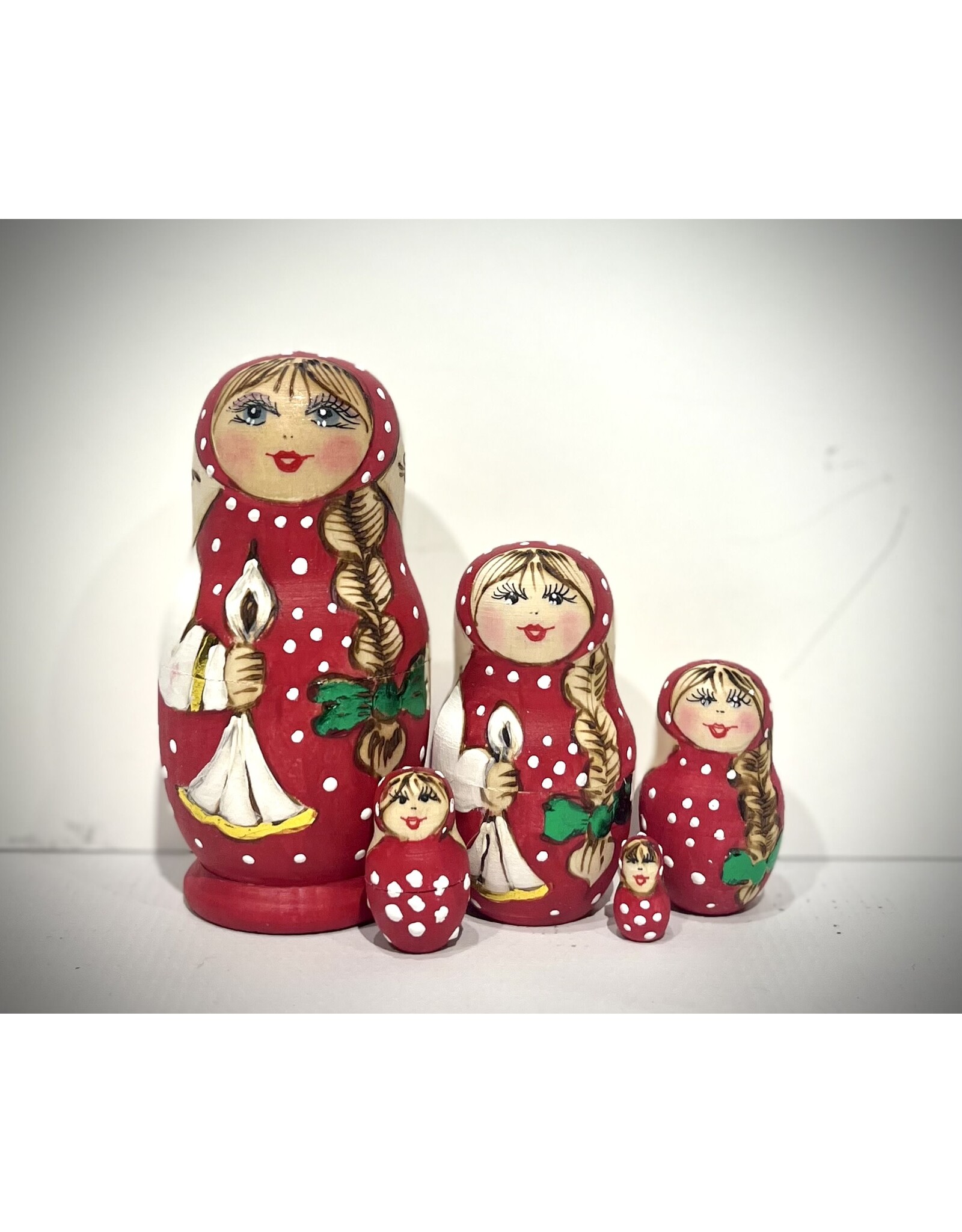 Burned Wood Matryoshka with Braid in Red