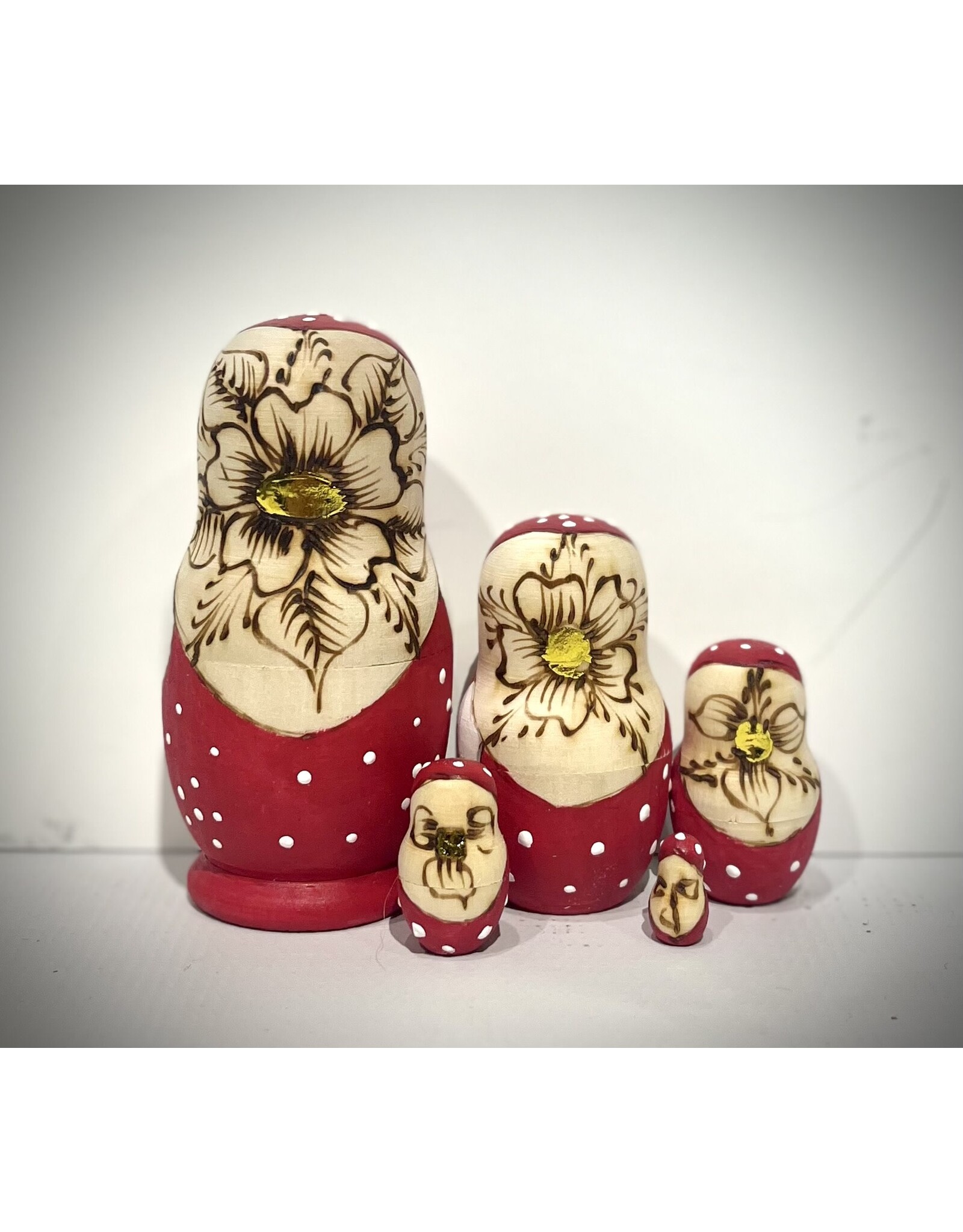 Burned Wood Matryoshka with Braid in Red