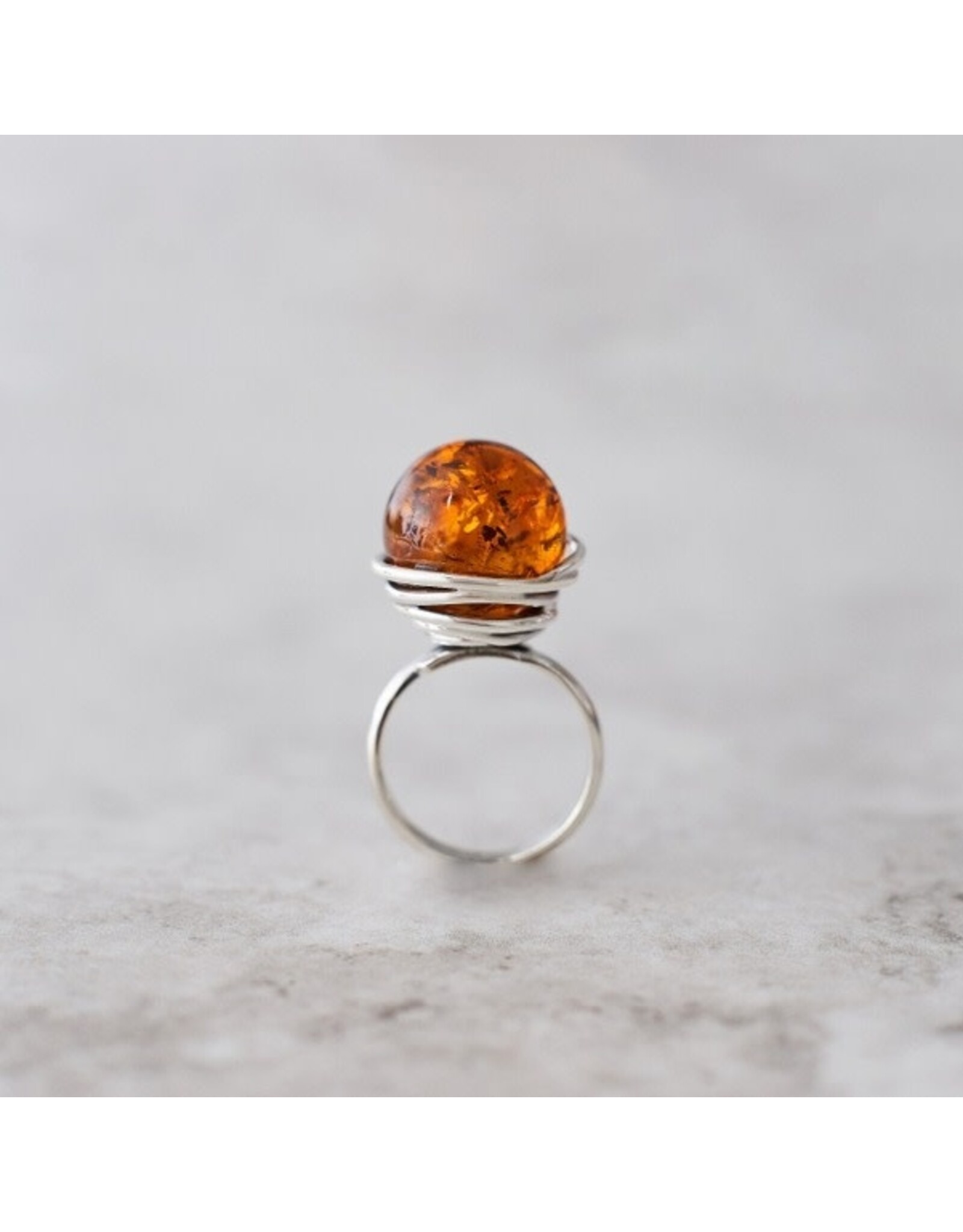 925 Silver Baltic Amber Ring "Amber Orb"