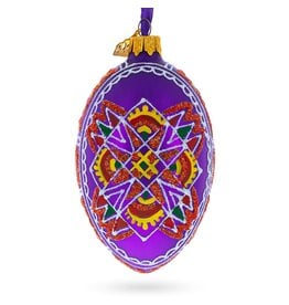 Purple Folk Pattern Glass Egg Ornament