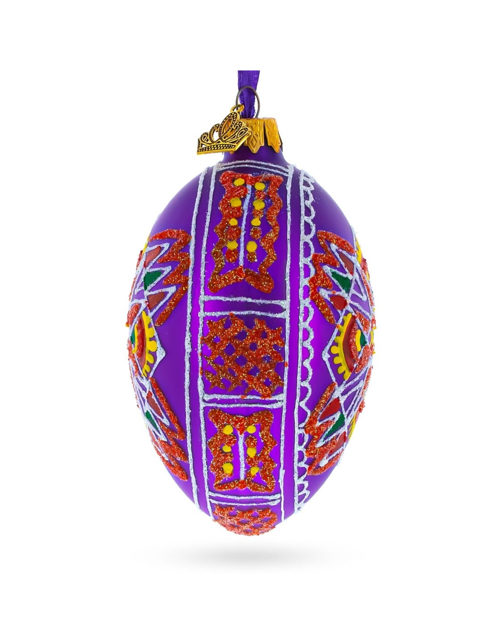 Purple Folk Pattern Glass Egg Ornament
