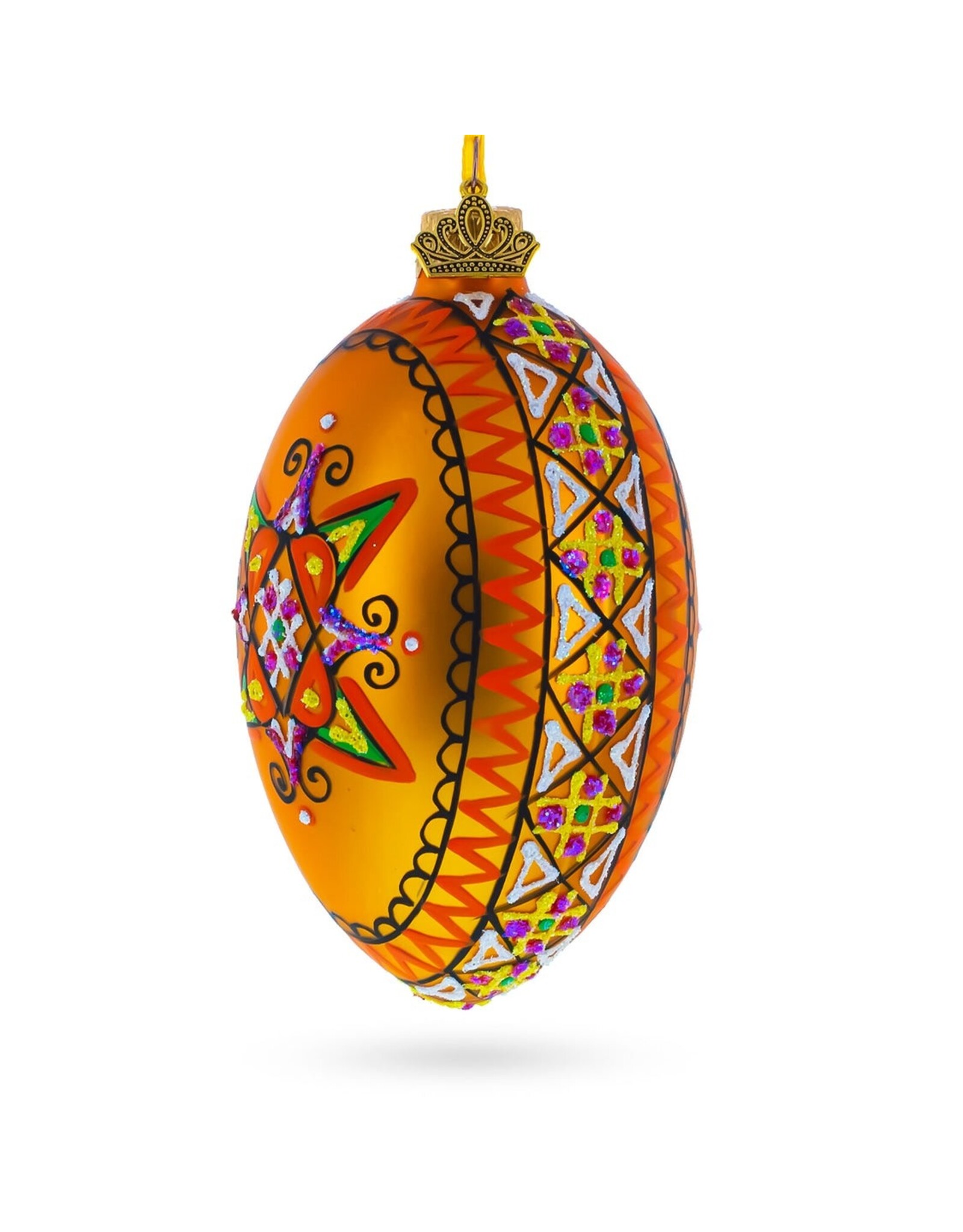 Gold Folk Pattern Glass Egg Ornament