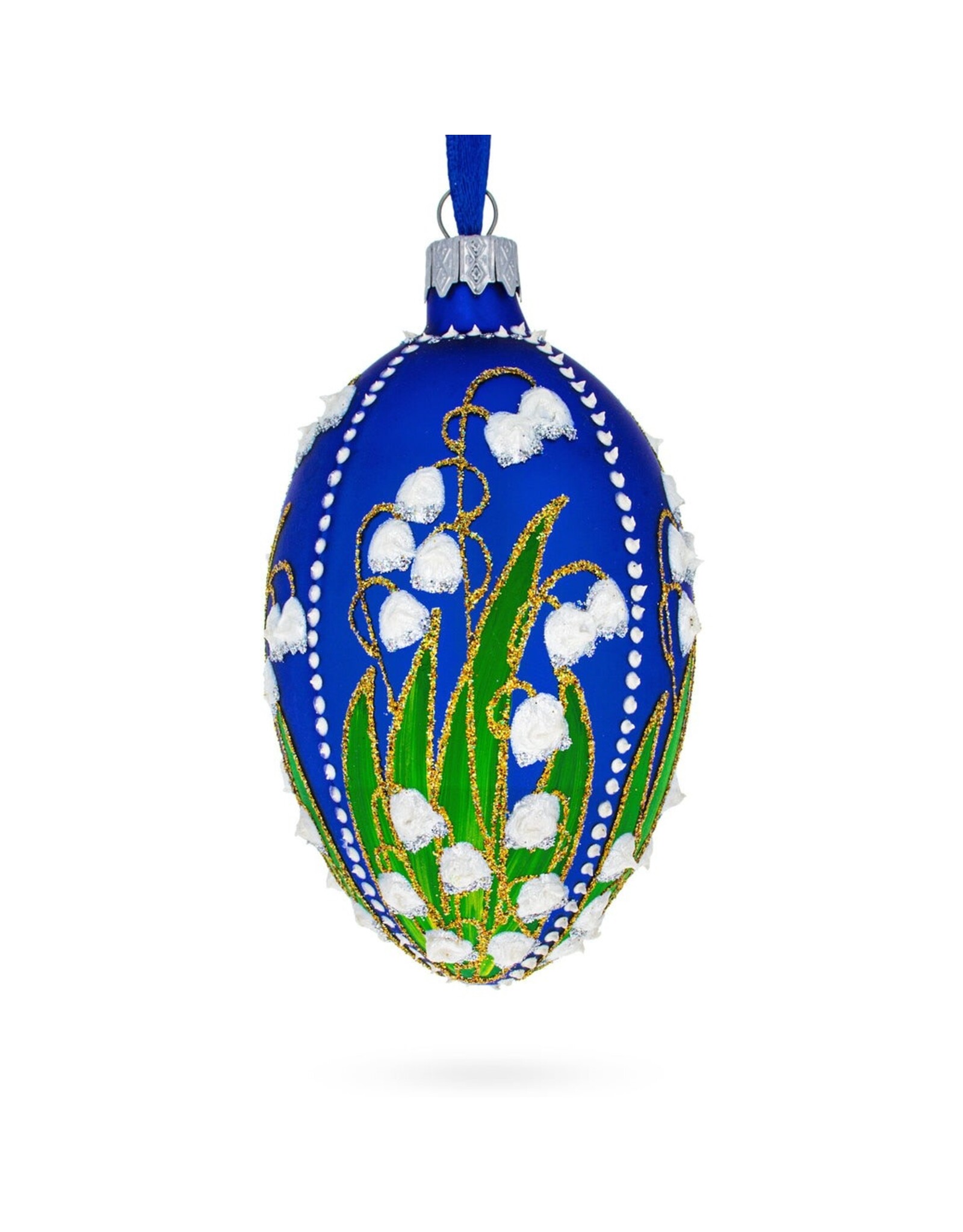Lily of the Valley on Blue Glass Egg Ornament