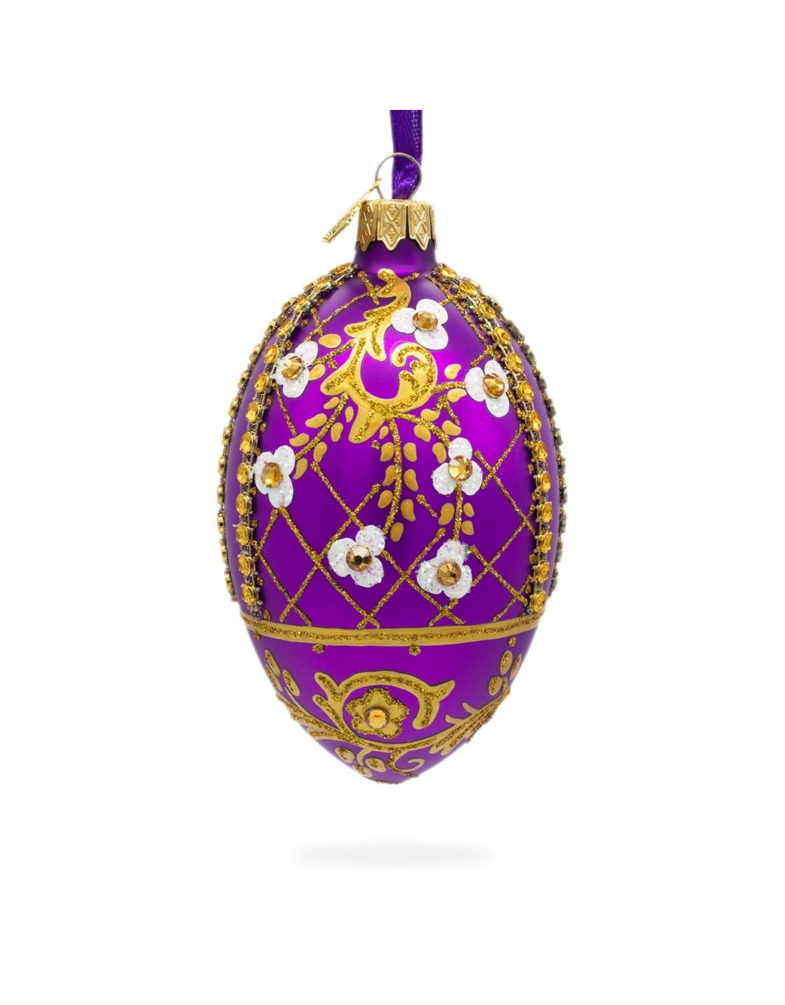 White Flowers on  Purple Lattice Glass Egg Ornament