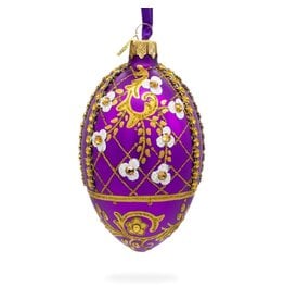 White Flowers on  Purple Lattice Glass Egg Ornament